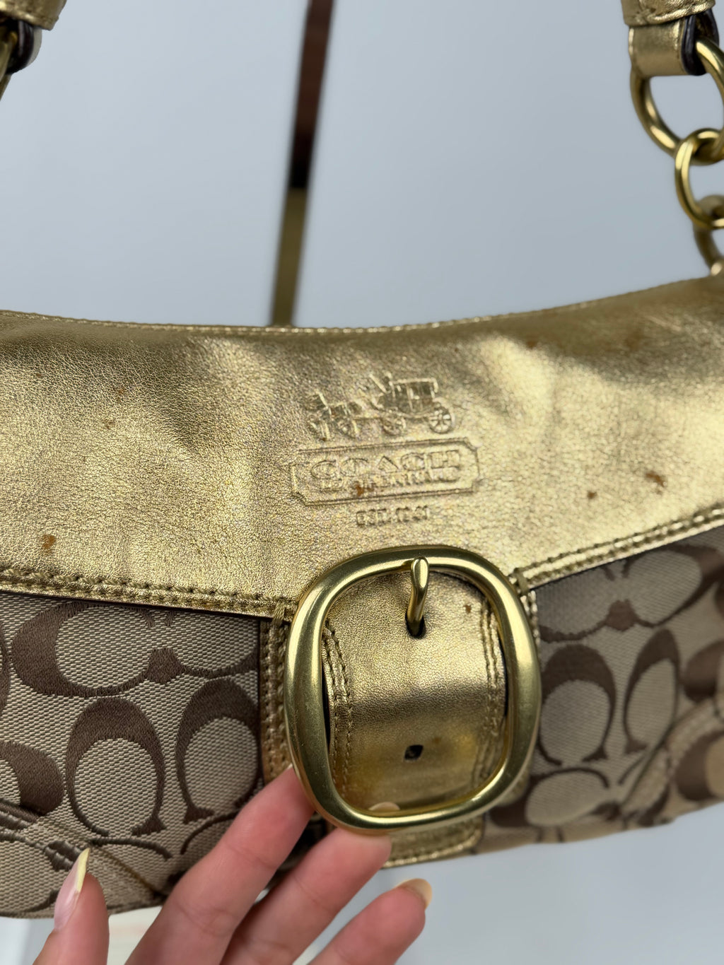 Coach 12375 Bleecker Soho Signature Brown Monogram Shoulder Bag Gold Leather Trim