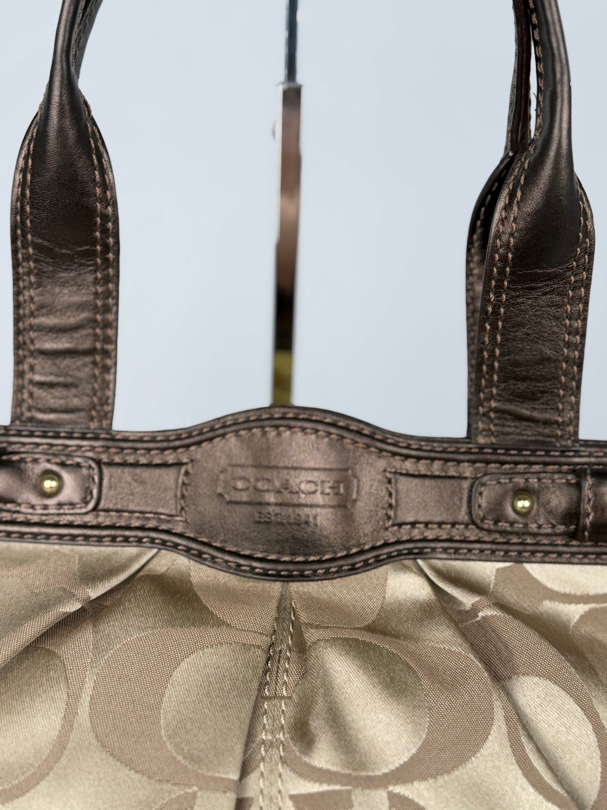 Coach F13906 Rare Turnlock Signature Beige Monogram Shoulder Bag Brown Leather Trim