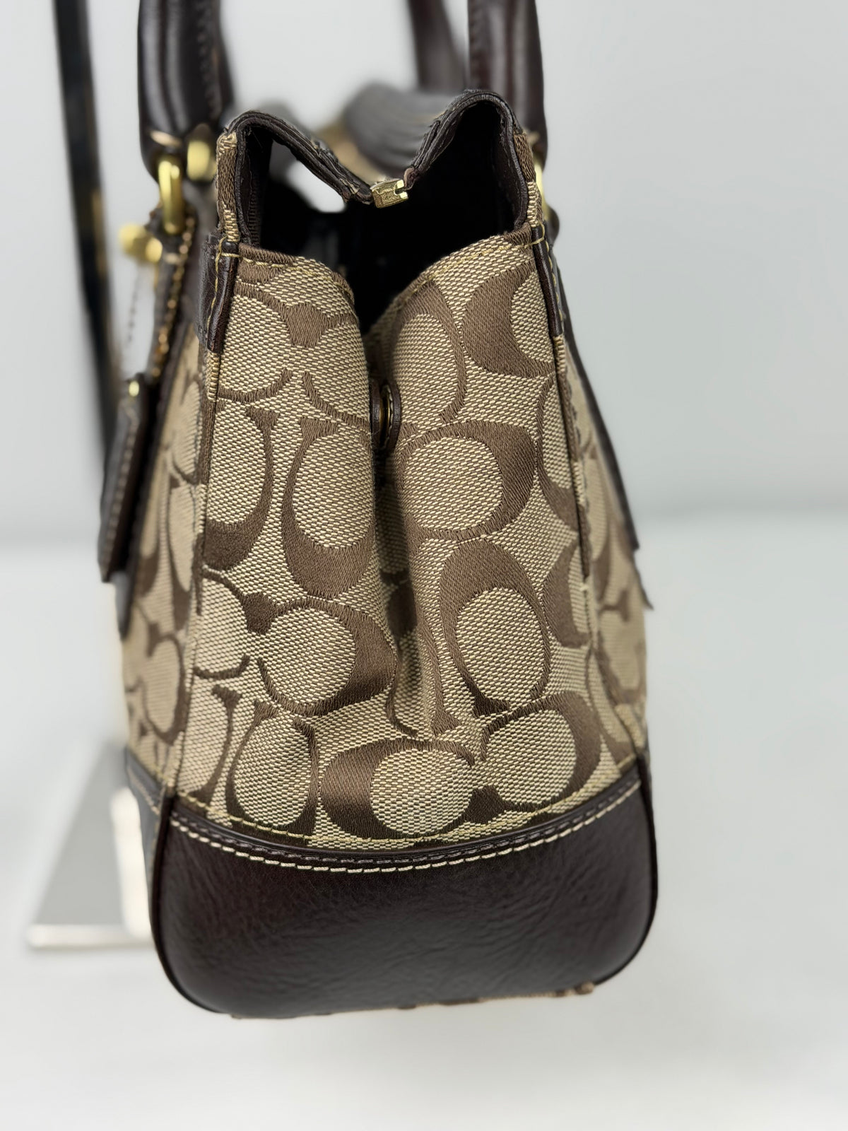 Coach 11062 Hampton Turnlock Signature Brown Monogram Shoulder Bag Leather Trim