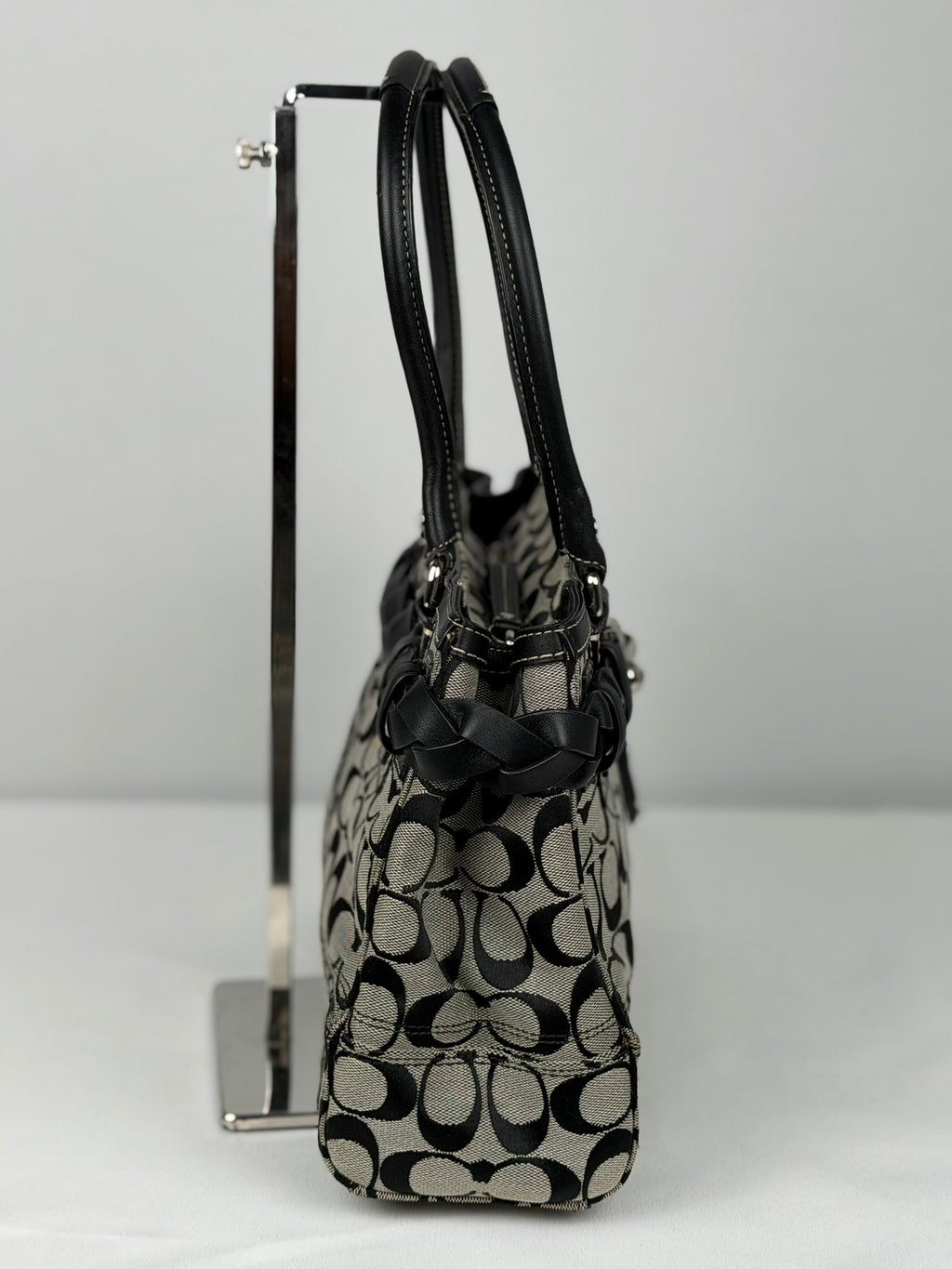 Coach F13065 Hampton Clip Signature Grey/Black Monogram Shoulder Bag Leather Trim
