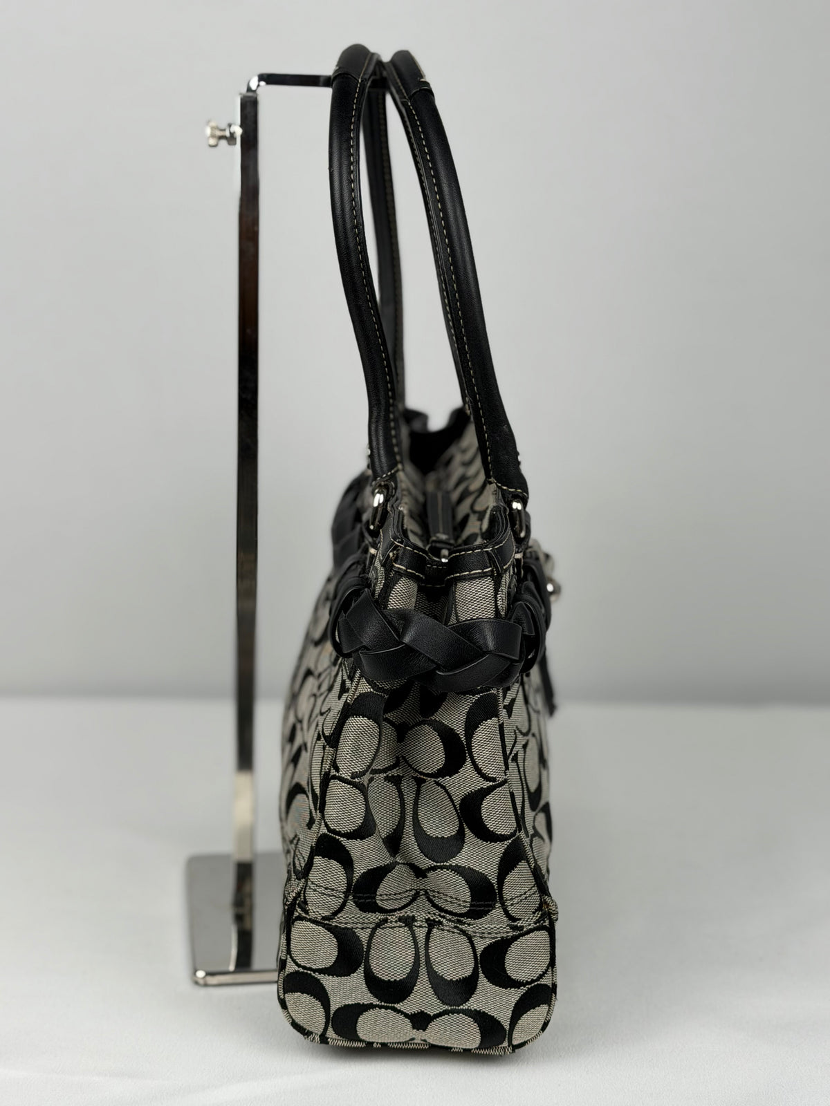 Coach F13065 Hampton Clip Signature Grey/Black Monogram Shoulder Bag Leather Trim