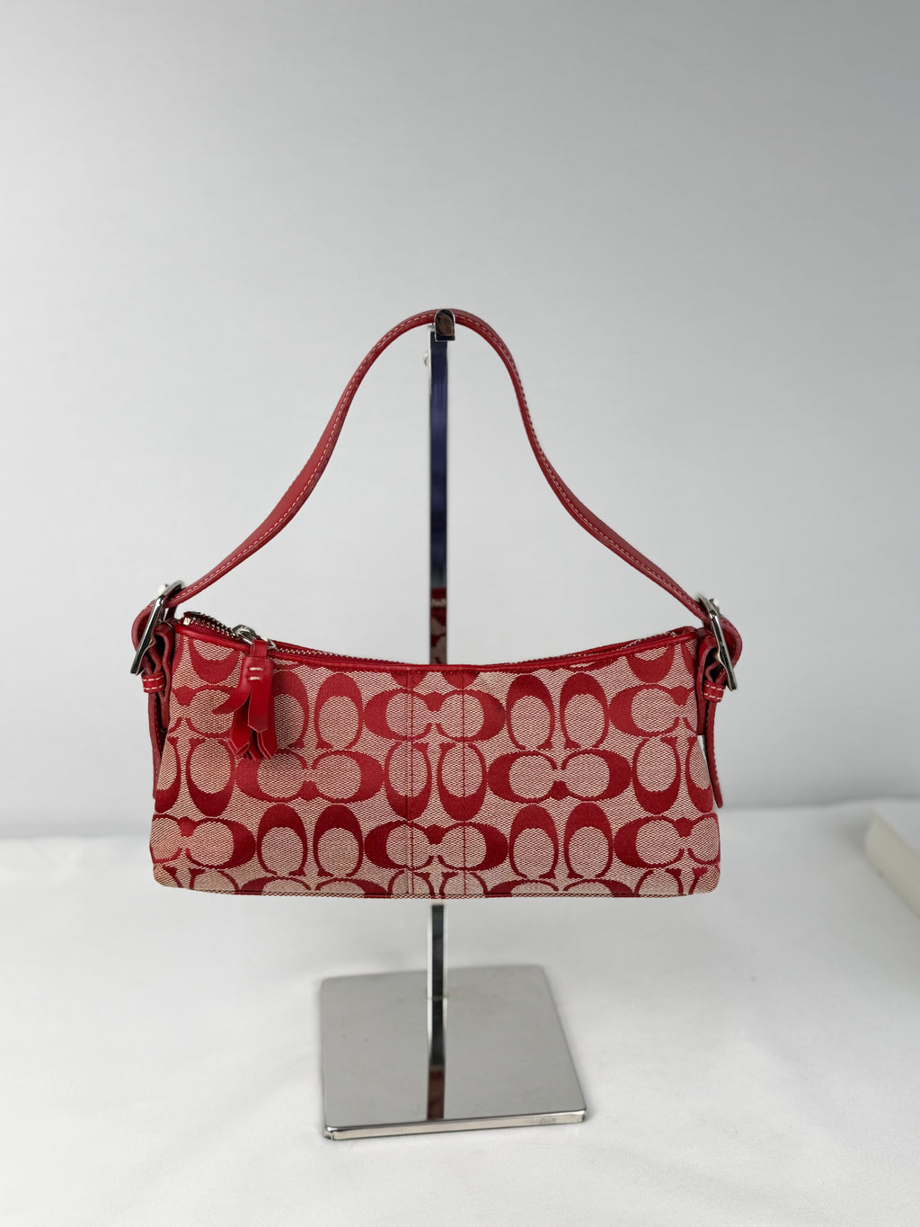 Rare Coach 6371 Signature Red Baguette Shoulder Bag Leather Trim