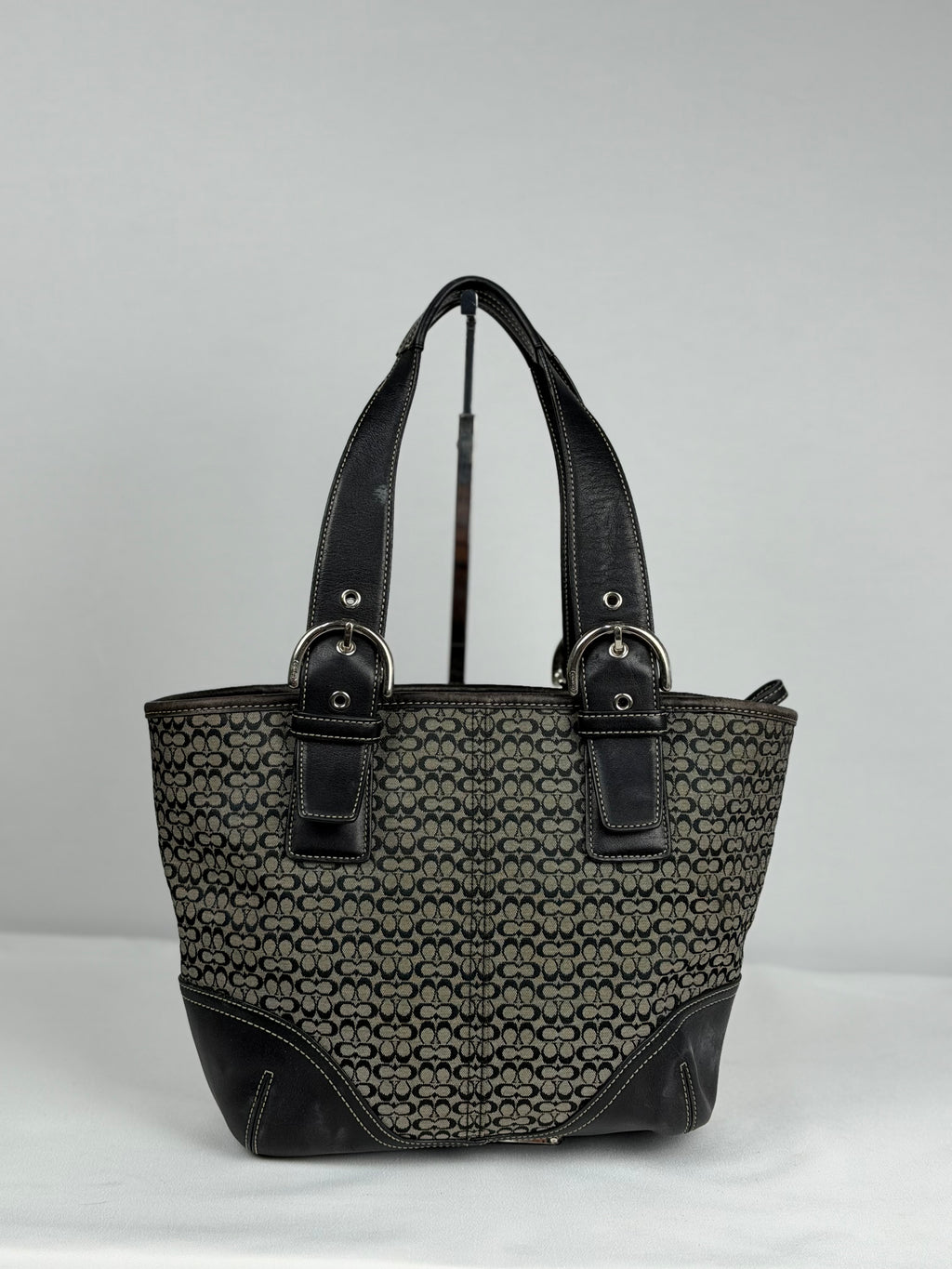 Coach 6383 Signature Black Monogram Shoulder Bag Leather Trim