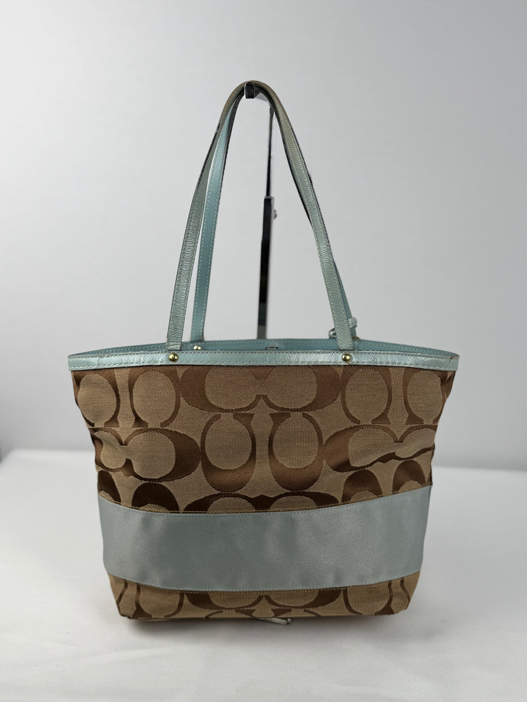 Coach 10124 Signature Brown/Blue Monogram Shoulder Tote Bag Leather Trim