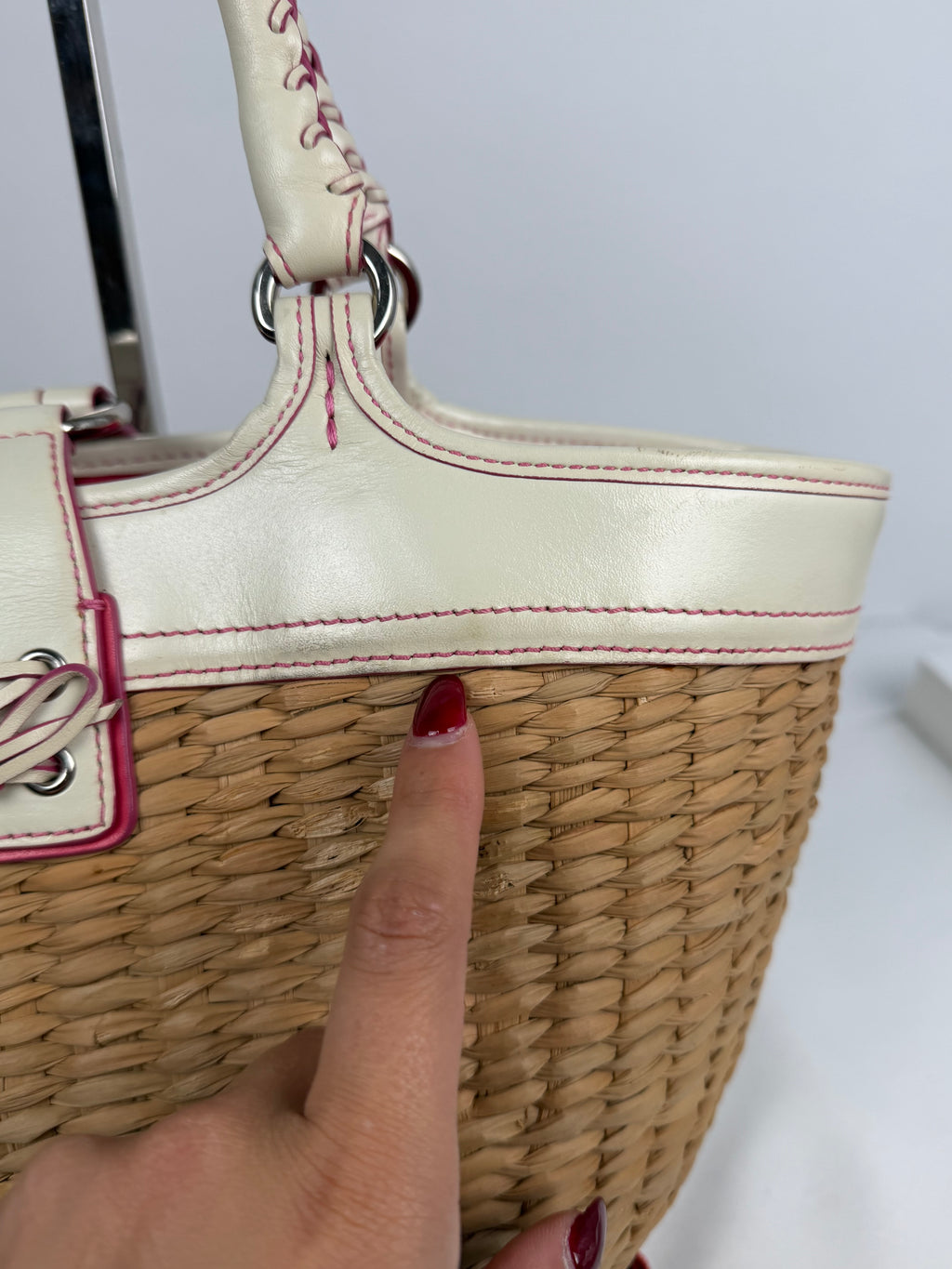 Coach 6271 Large Woven Straw Basket Bag White Leather Trim