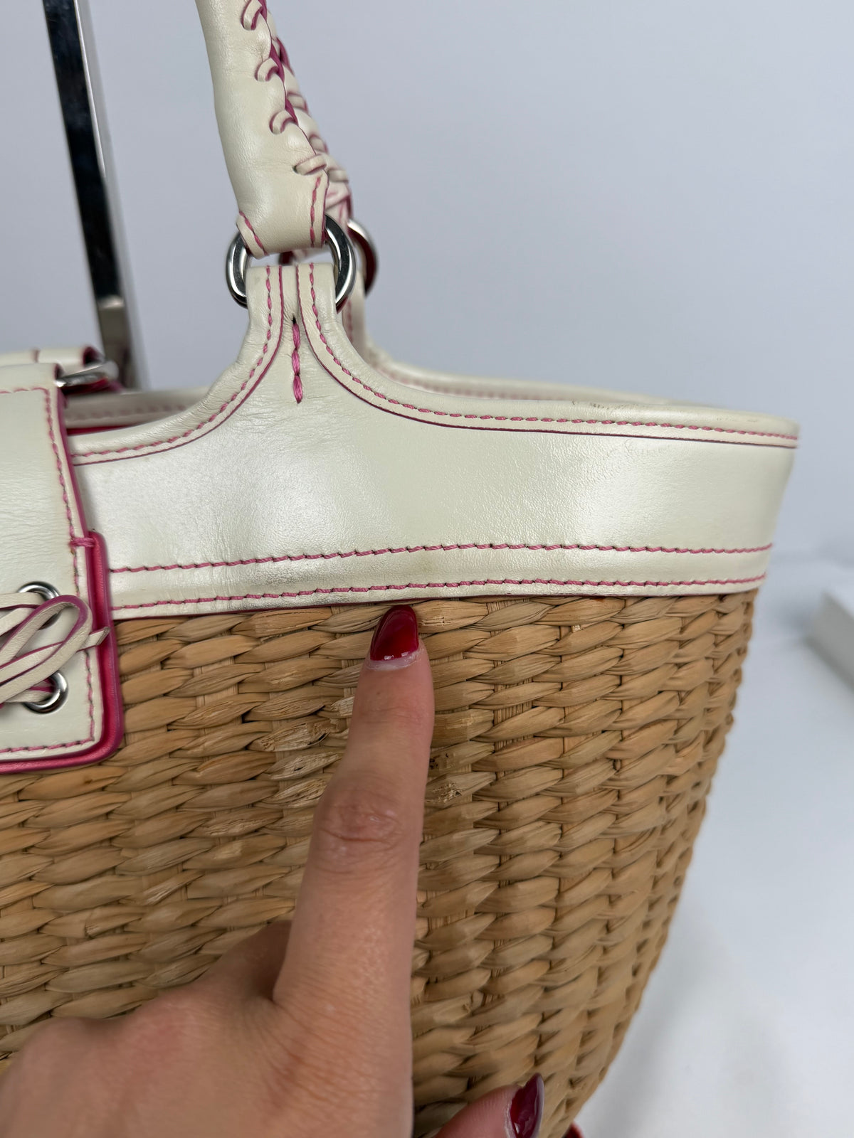 Coach 6271 Large Woven Straw Basket Bag White Leather Trim