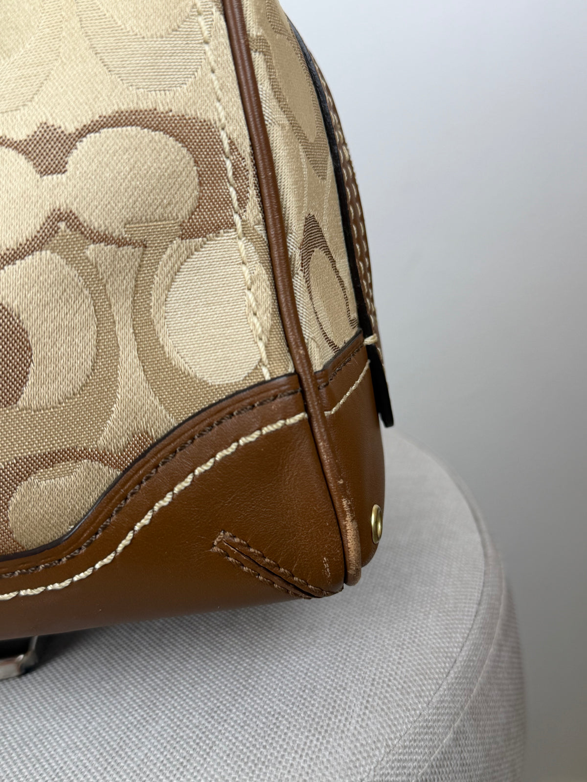 Coach 10777 Brown/Beige Optic Art Monogram Boston Shoulder Bag Brown Leather Trim
