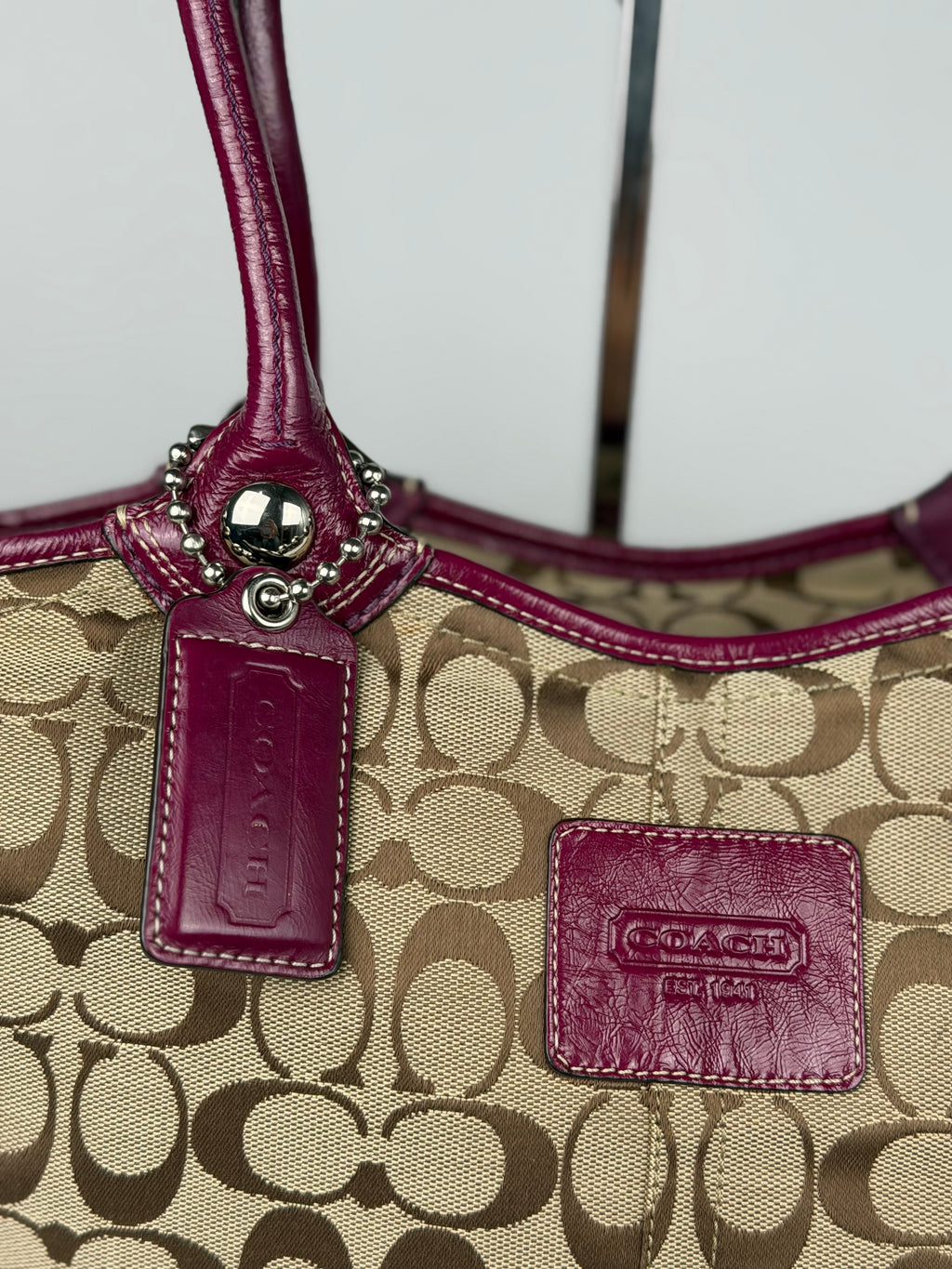 Coach F14385 Bleecker Signature Brown Shoulder Bag Purple Leather Trim