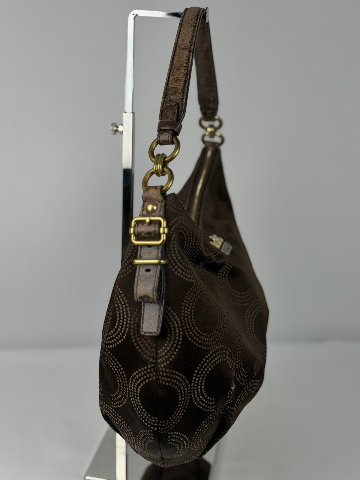 Coach 15929 Op Art Brown Monogram Slouchy Canvas Shoulder Bag Leather Trim