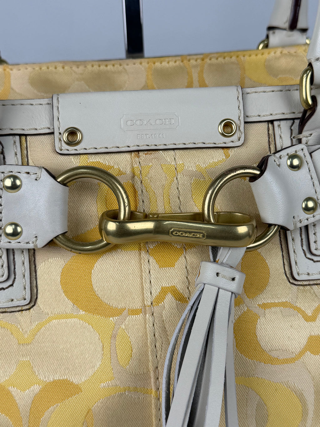 Coach 10785 Hampton Yellow Monogram Shoulder Bag Leather Trim