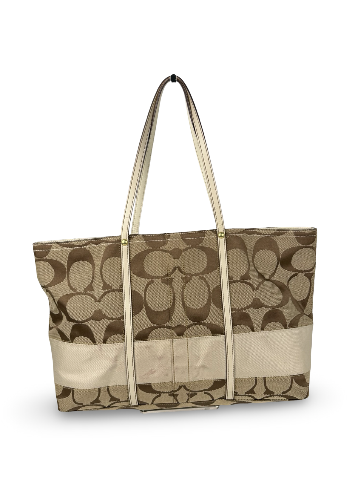 Coach F11099 Signature Brown/Cream Monogram Tote Shoulder Bag Leather Trim
