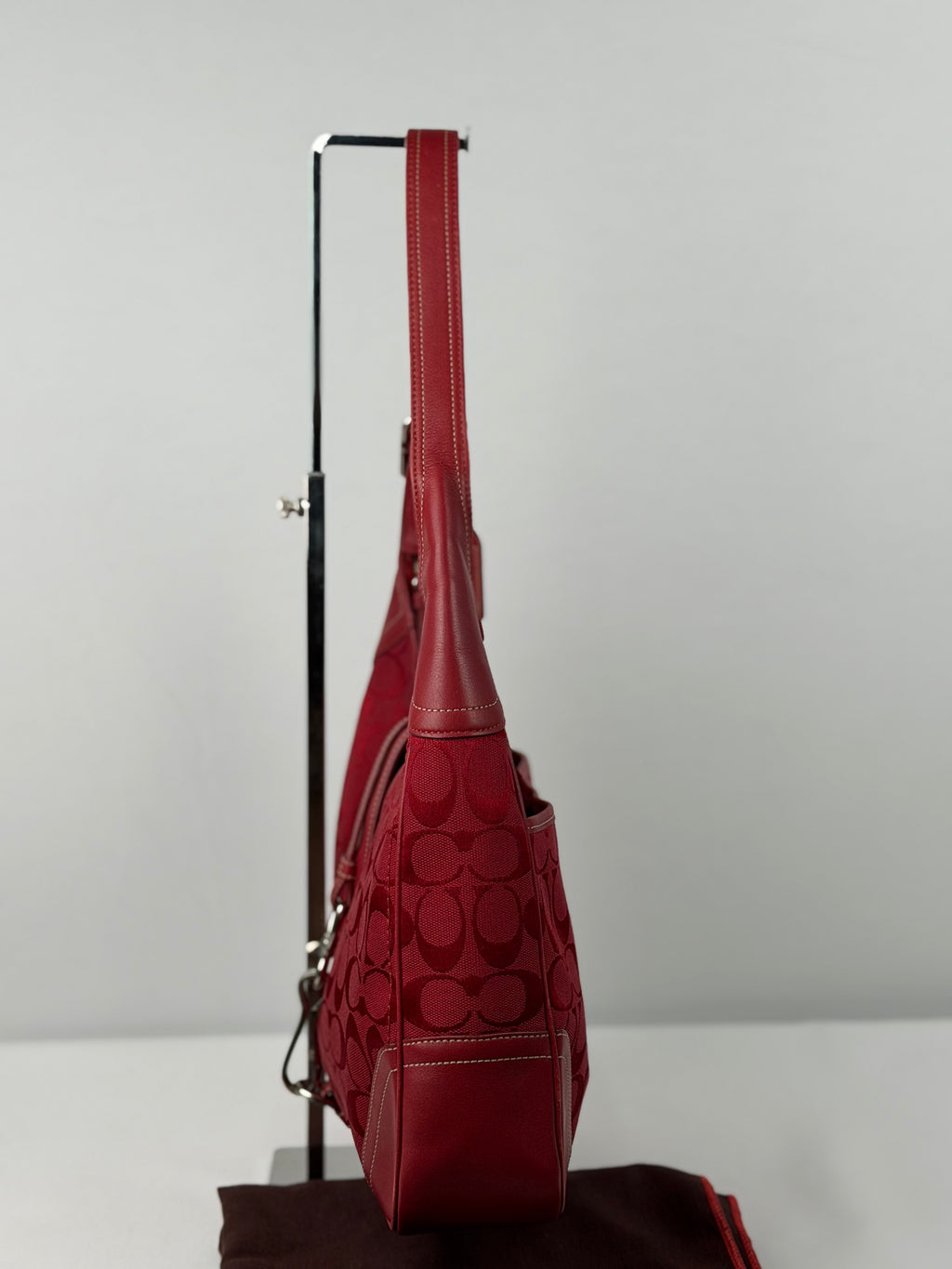 Rare Coach 8K03 Hampton Clip Red Monogram Shoulder Bag Leather Trim