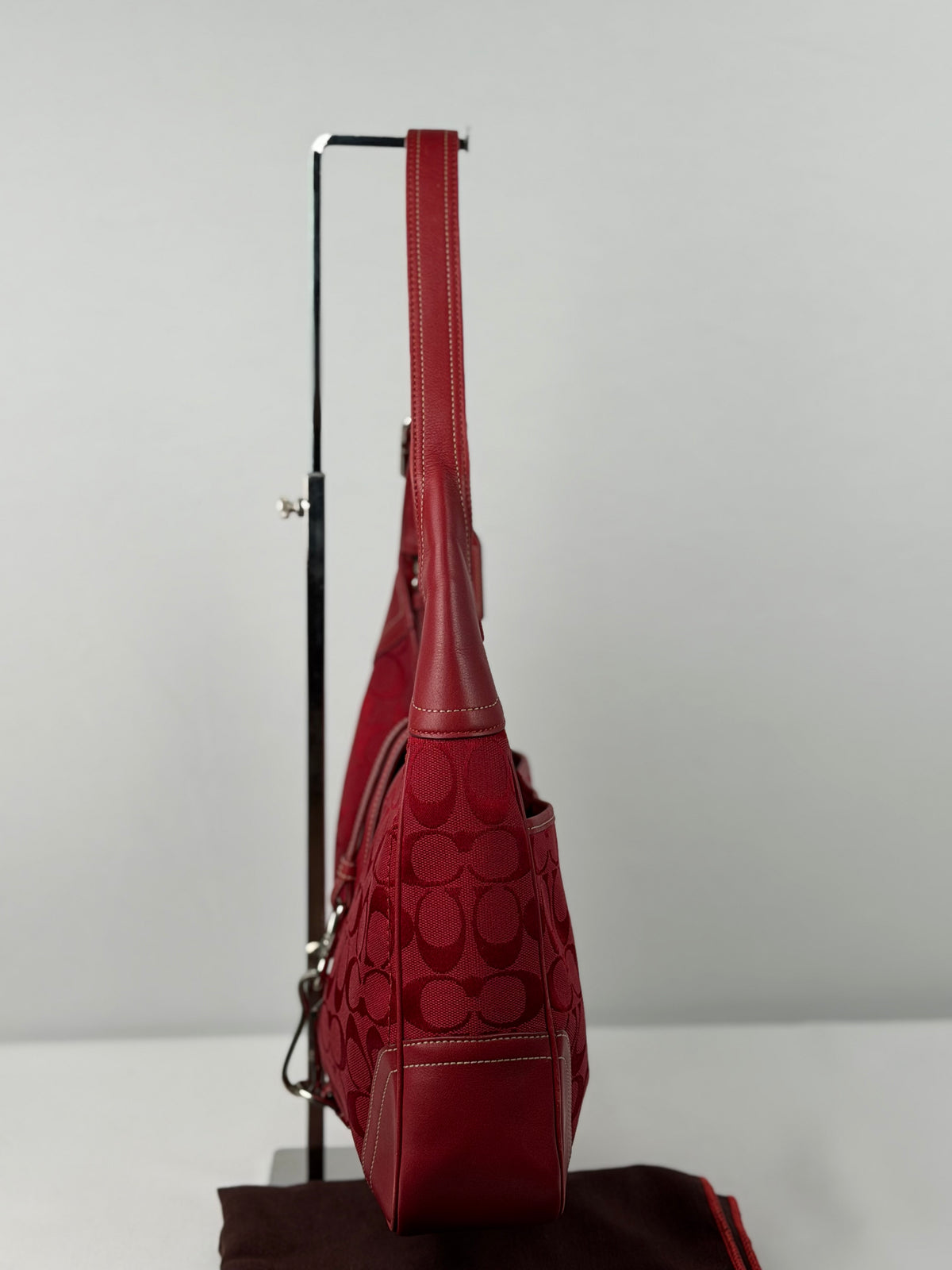 Rare Coach 8K03 Hampton Clip Red Monogram Shoulder Bag Leather Trim