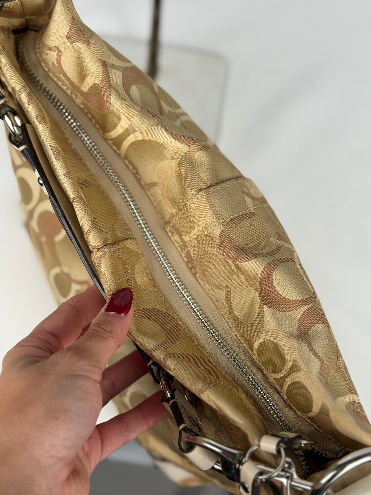 Coach F13980 Carly Optic Art Brown/Beige Monogram Shoulder Bag White Leather Trim