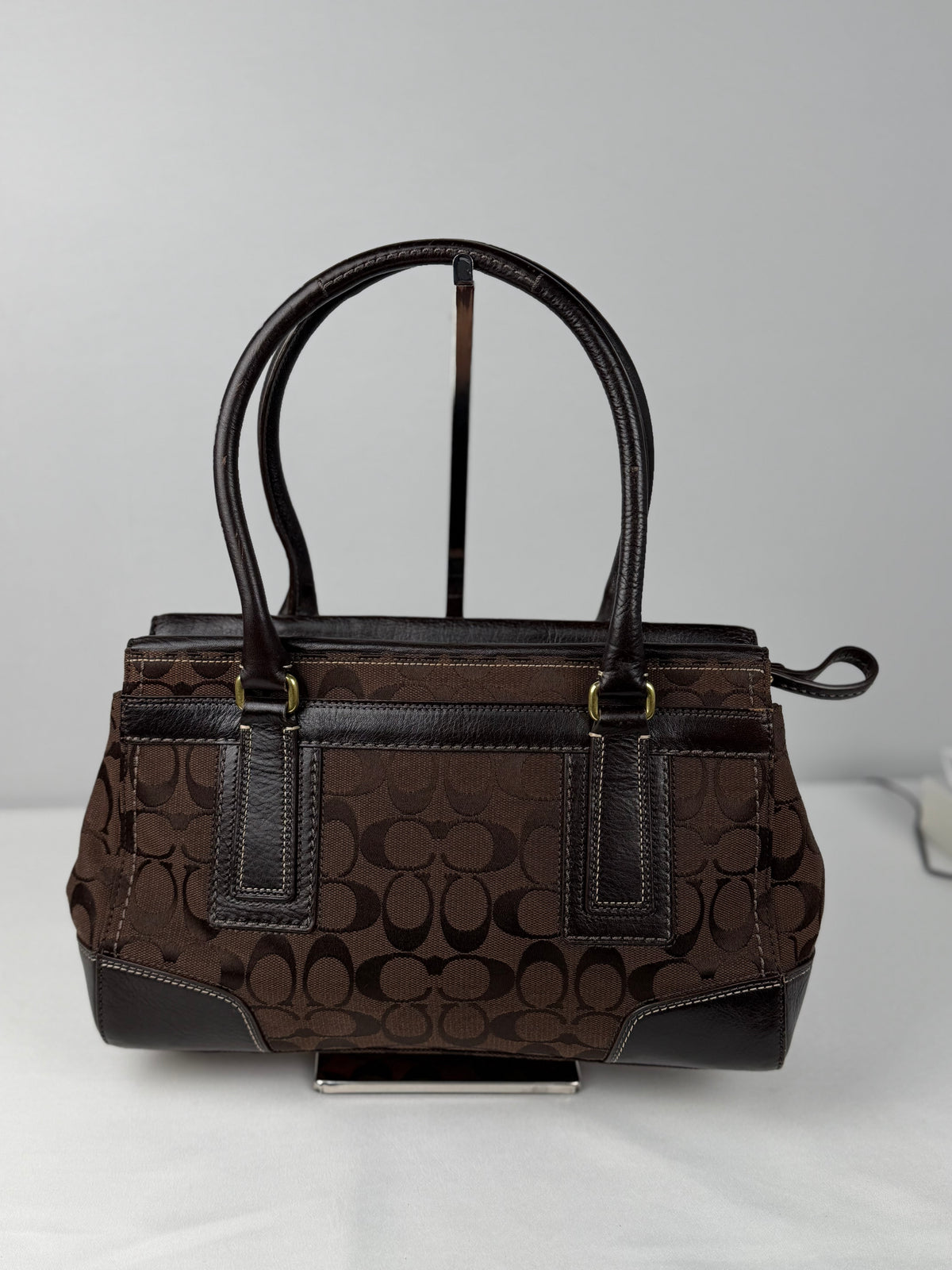 Coach 11062 Hampton Signature Chocolate Brown Monogram Shoulder Bag Leather Trim