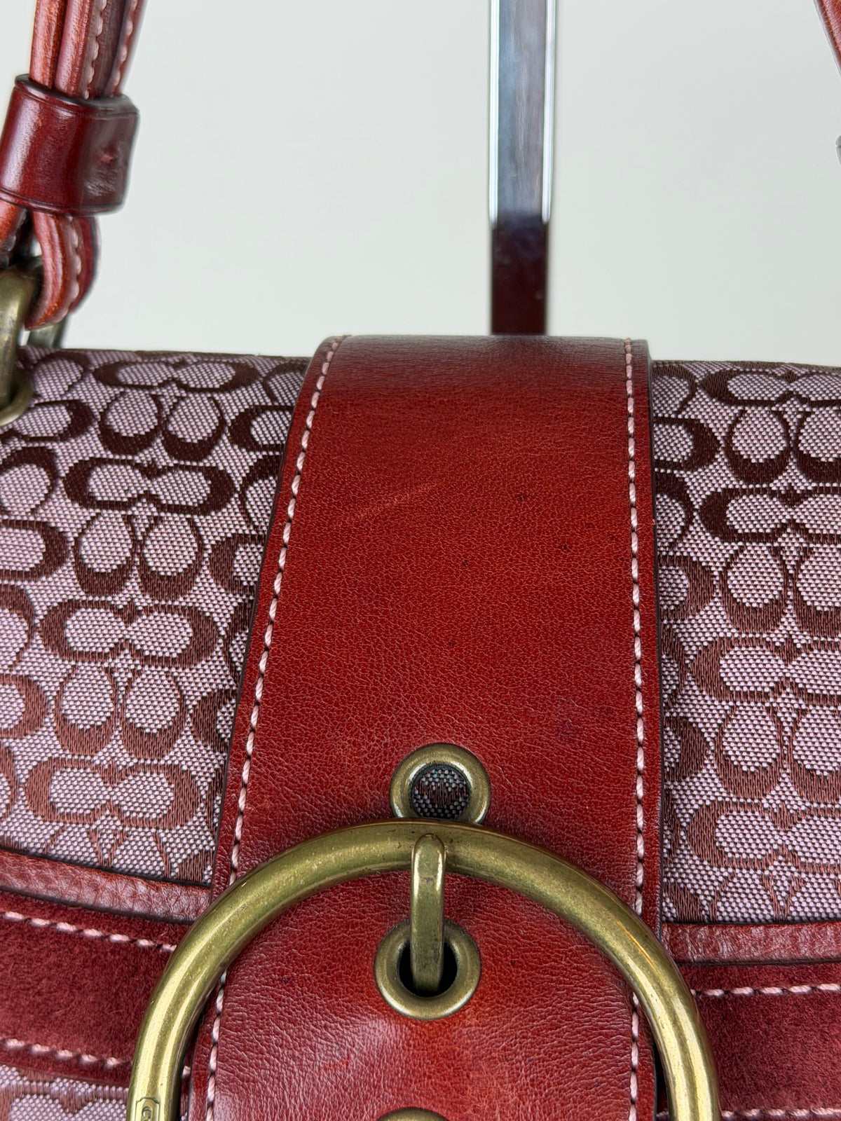 Coach 7078 Rare Soho Red Signature Monogram Hand Bag Leather Trim