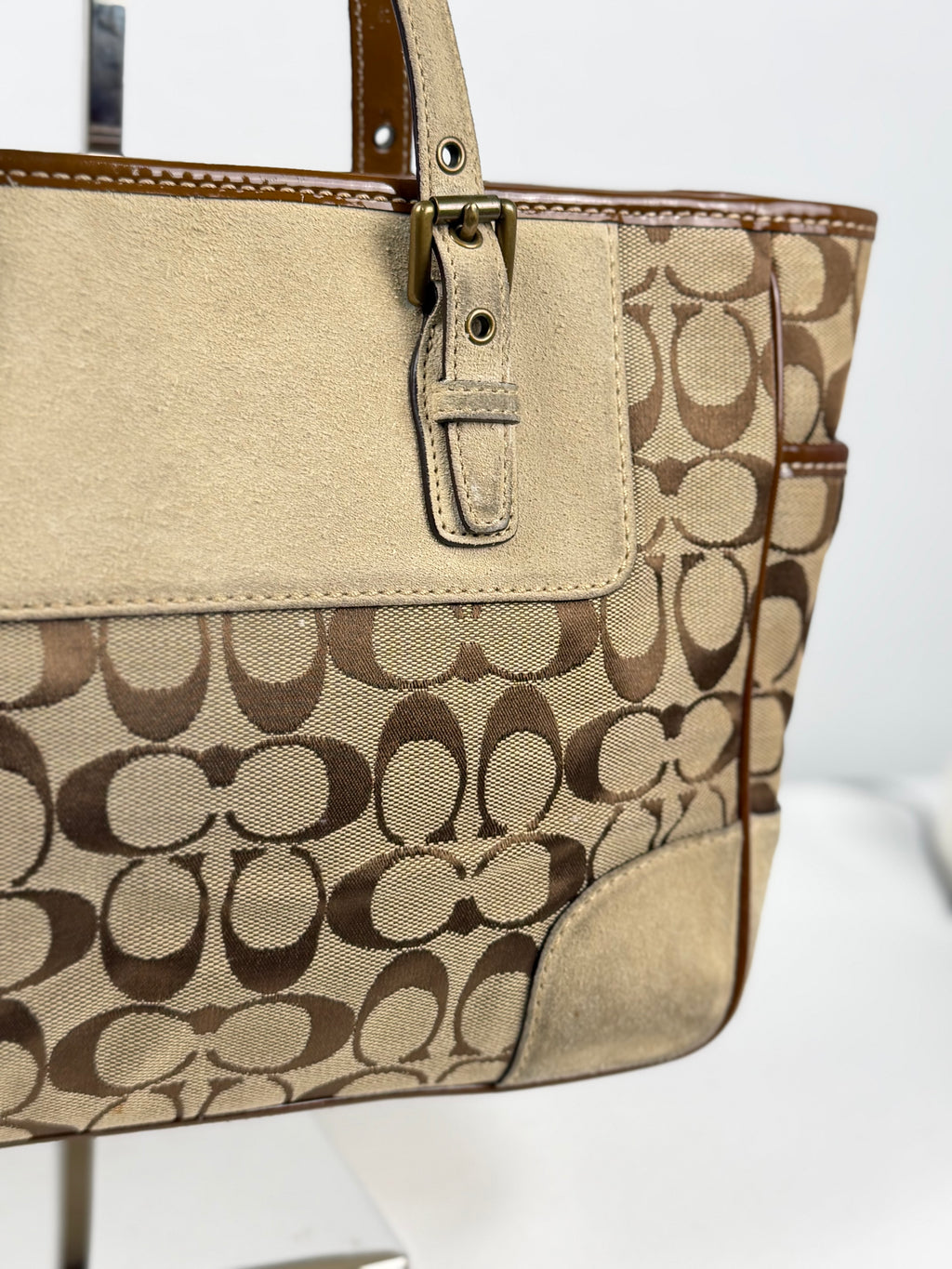 Coach 1443 Signature Brown monogram Tote Shoulder Bag Suede Leather Trim