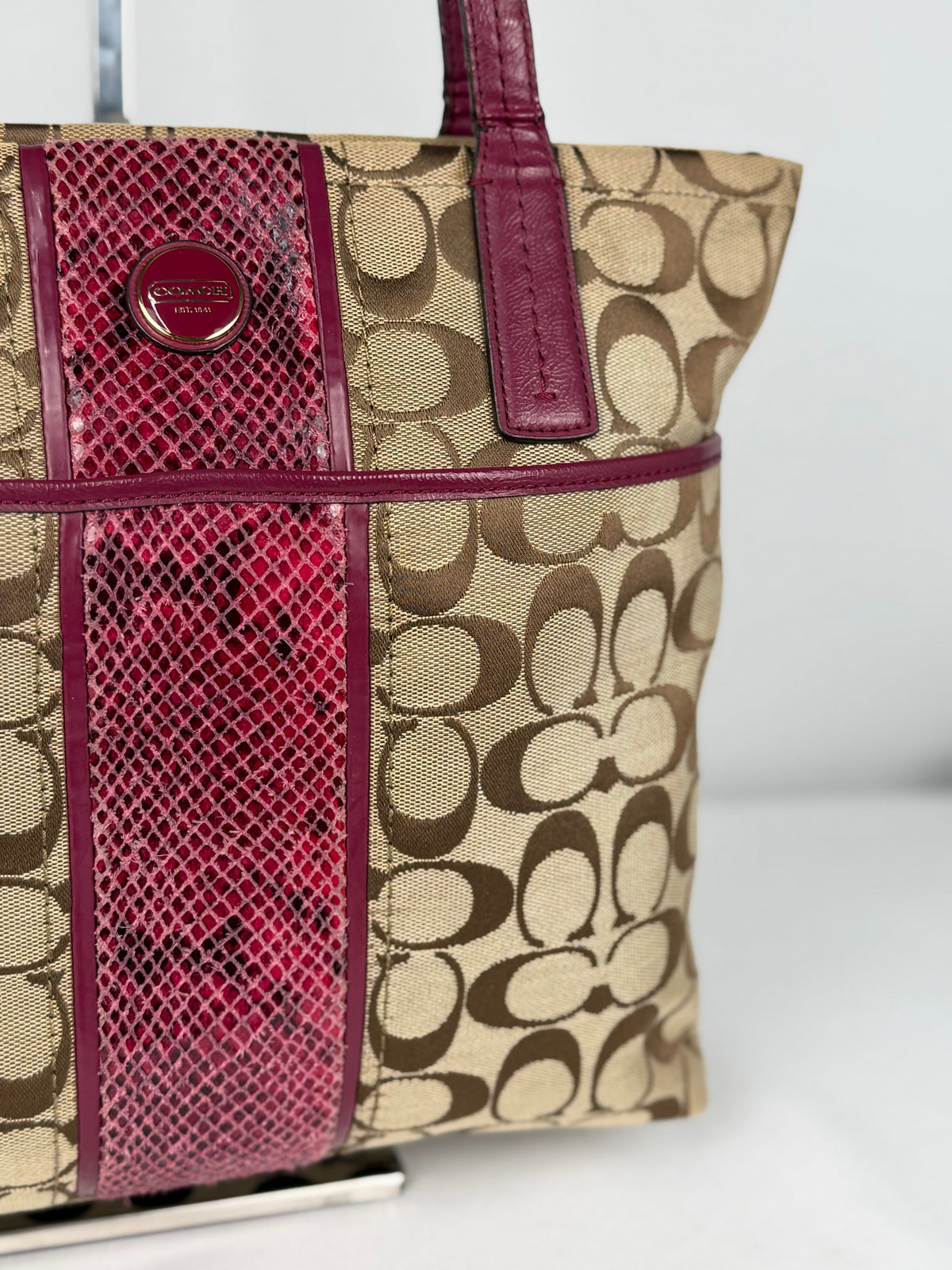 Coach F25706 Signature Brown Stripe Pink Python Shoulder Bag Leather Trim