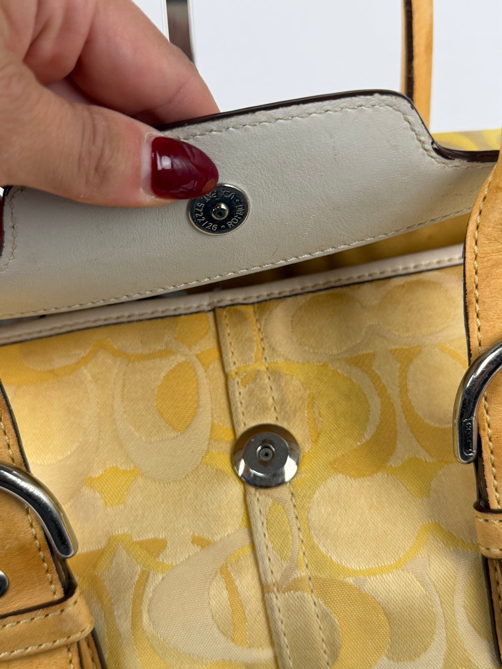 Coach 6722 Yellow Op Art Monogram Soho Shoulder Bag Tan Leather Trim