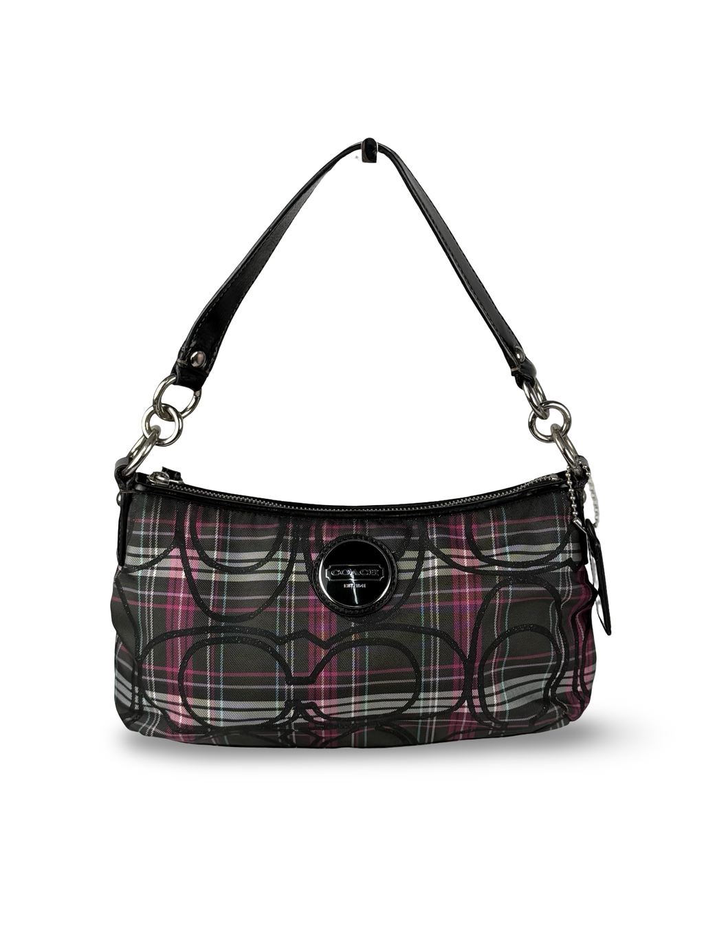 Coach F17670 Poppy Tartan Pink and Black Shoulder Bag Leather Trim