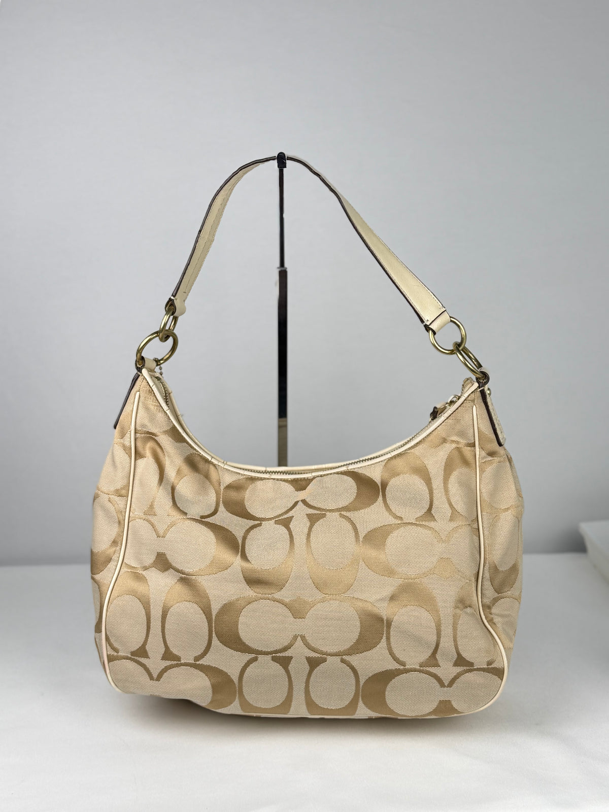 Coach F21873 Signature Beige Monogram Shoulder Bag Cream Leather Trim