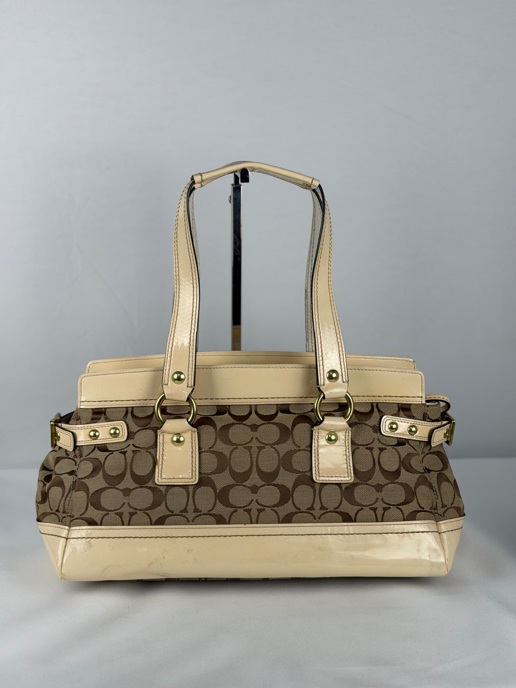 Coach Legacy F13131 Signature Brown Monogram Cream Patent Leather Satchel Shoulder Bag