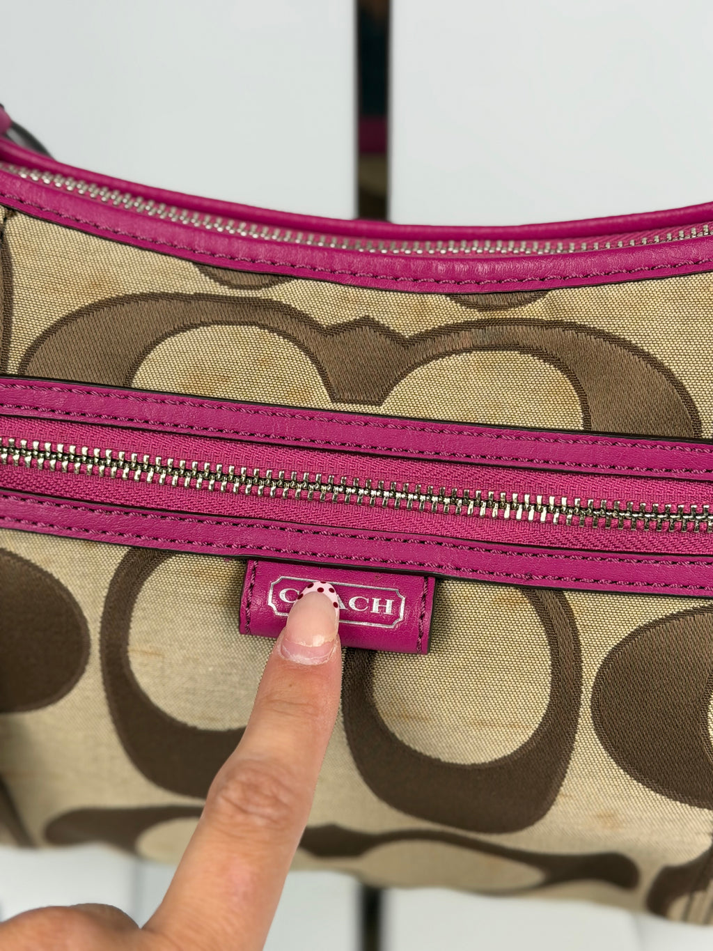 Coach F24063 Signature Brown Monogram Shoulder Bag Pink Leather Trim