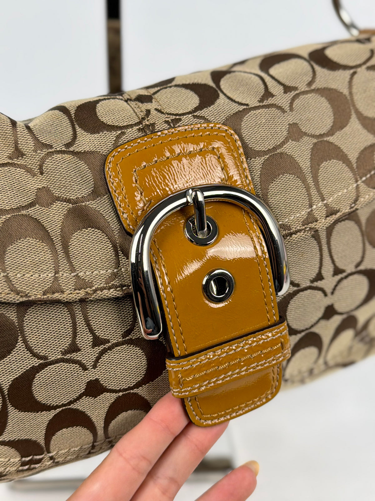 Coach F15668 Soho Signature Brown Monogram Shoulder Bag Leather Trim