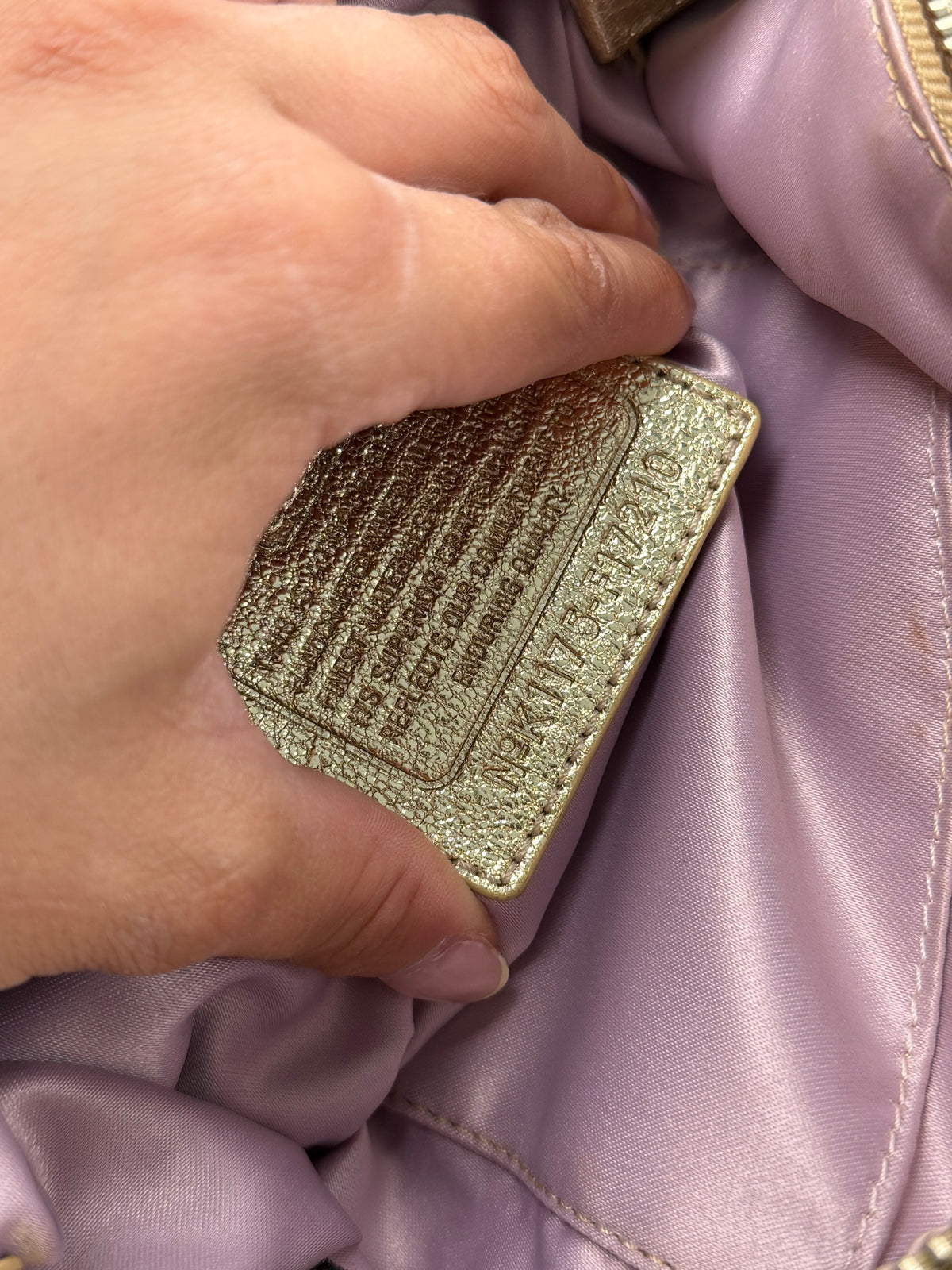 Coach F17210 Signature Purple/Beige Check Pattern Shoulder Bag Gold Leather Trim