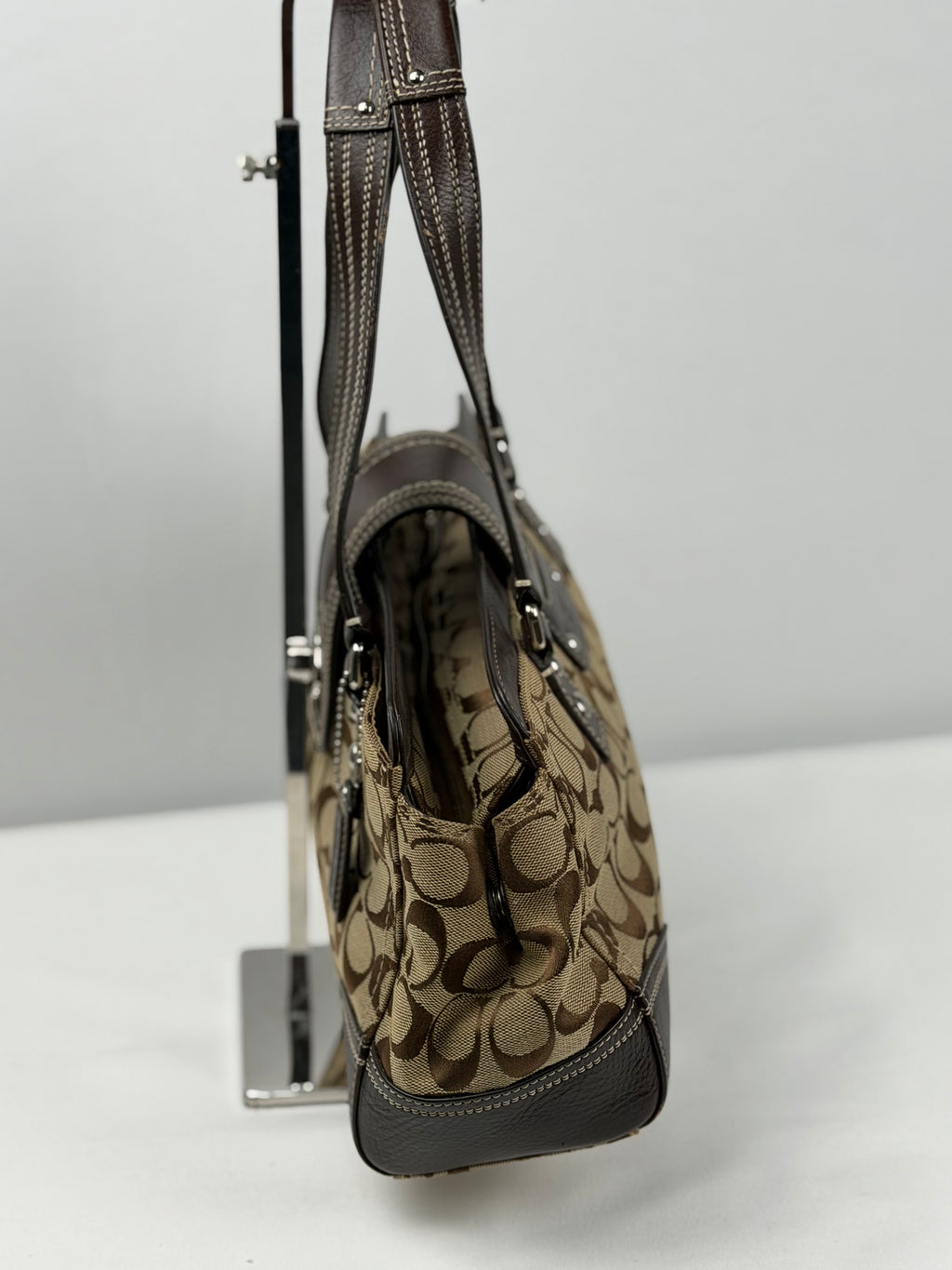 Coach F13975 Hampton Turnlock Flap Signature Brown Monogram Shoulder Bag Leather Trim