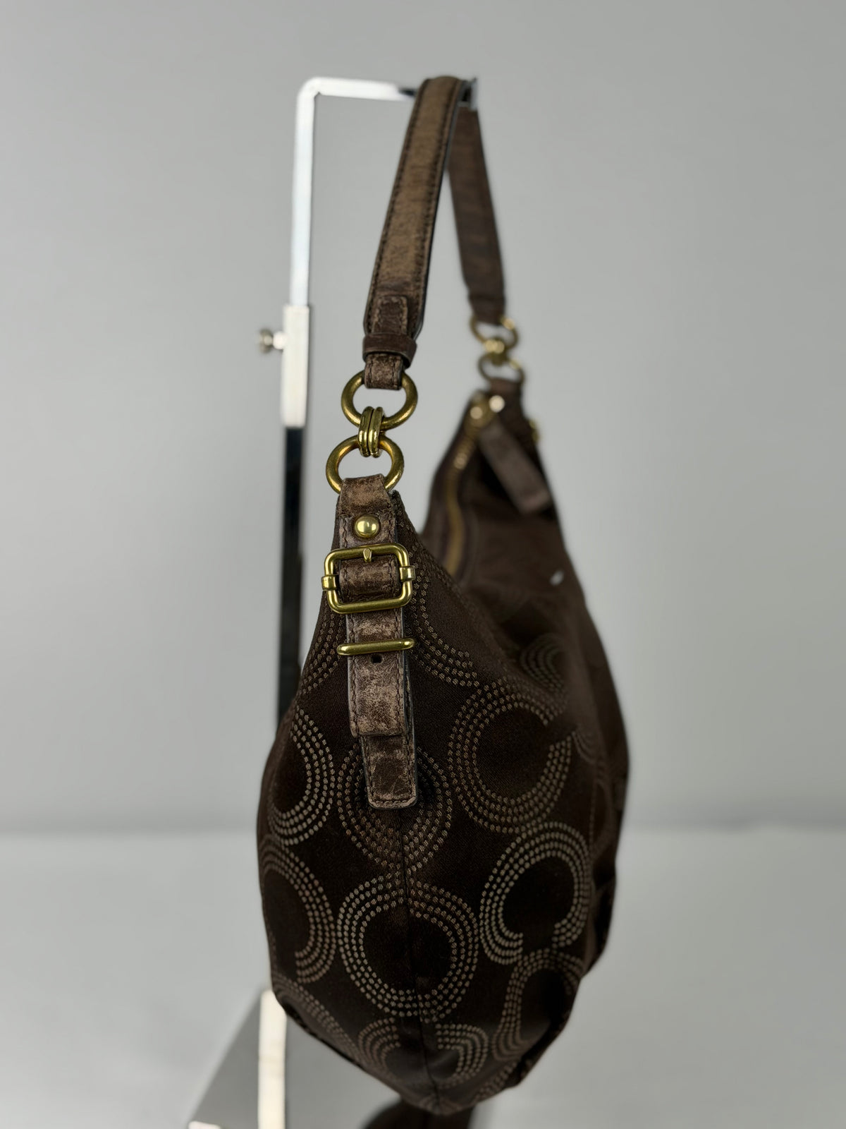 Coach 15929 Op Art Brown Monogram Slouchy Canvas Shoulder Bag Leather Trim