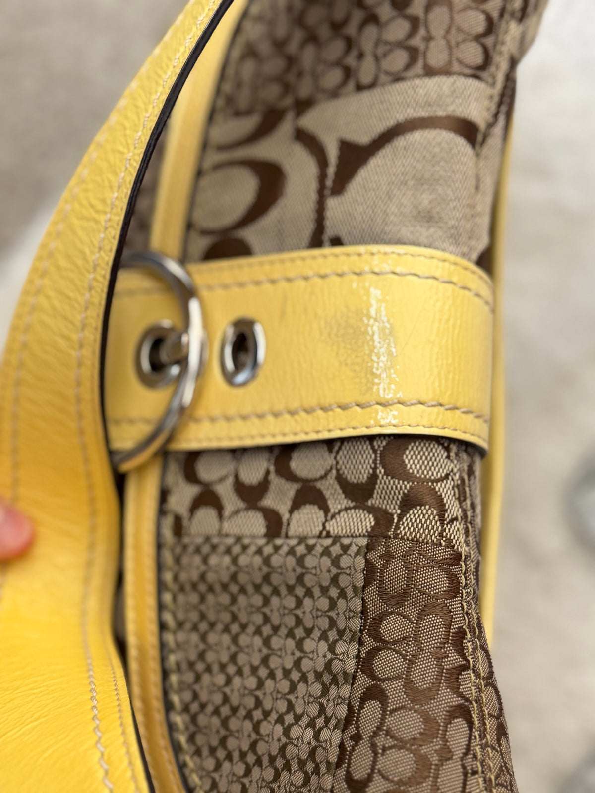 Coach F12316 Soho Signature Monogram Patchwork Shoulder Bag Yellow Patent Leather Trim