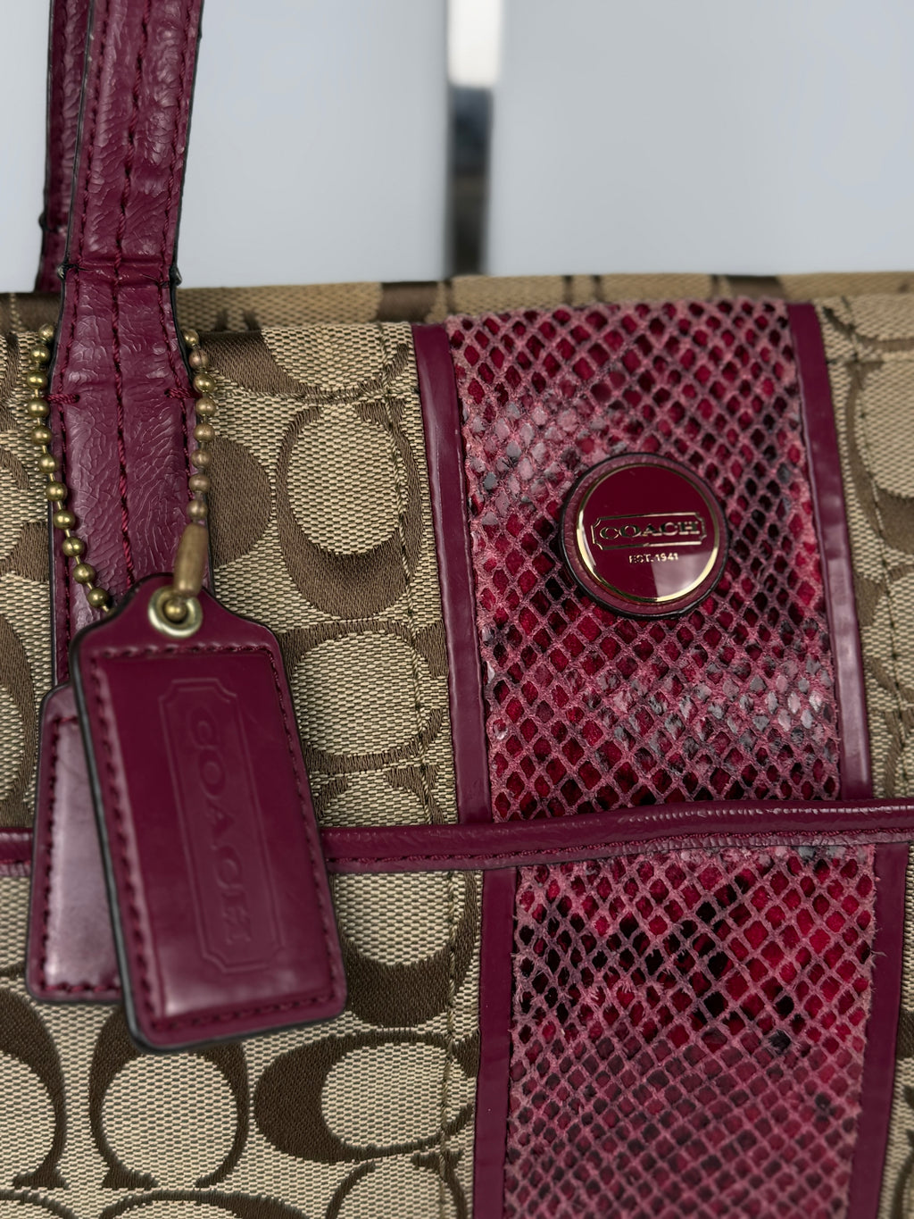 Coach F25706 Signature Brown Stripe Pink Python Shoulder Bag Leather Trim