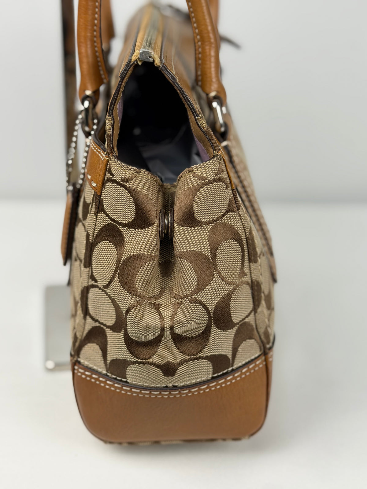 Coach 11589 Hampton Turnlock Signature Brown Monogram Shoulder Bag Leather Trim