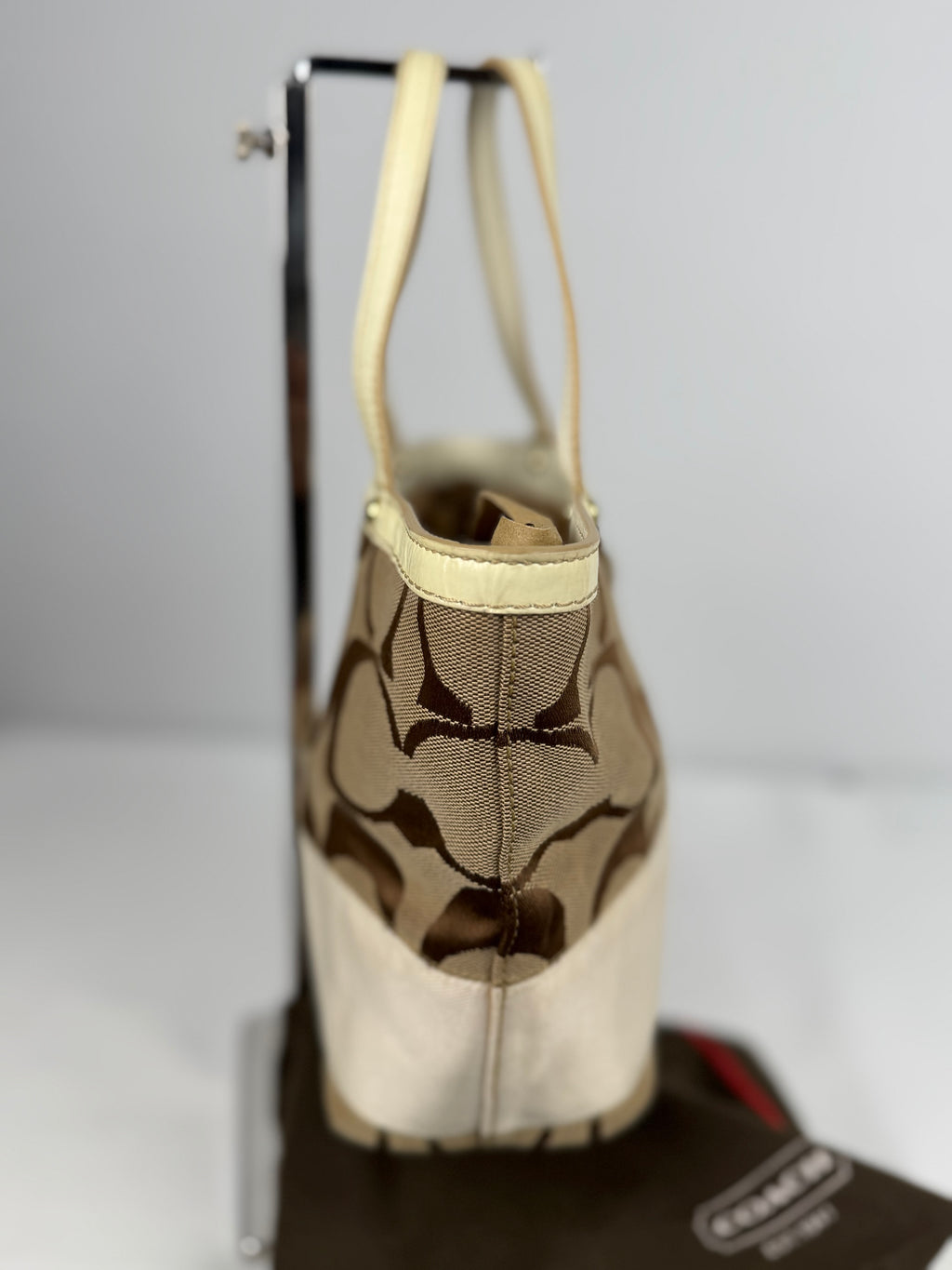 Coach 10123 Signature Brown Small Handbag White Leather Trim