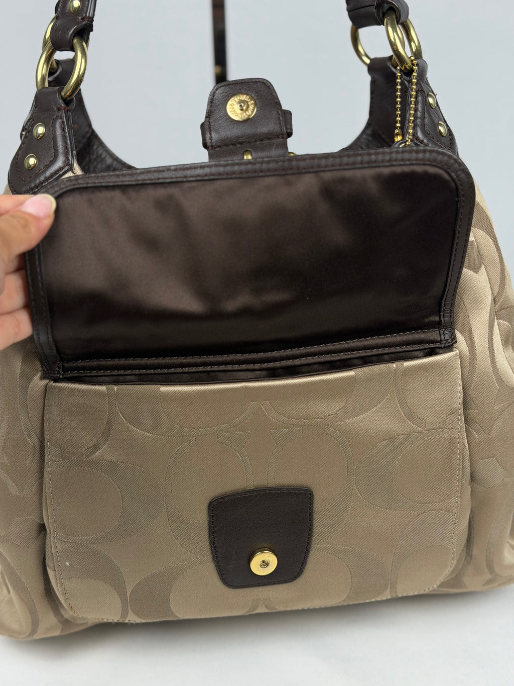 Coach F24742 Soho Beige Monogram Shoulder Bag Brown Leather Trim