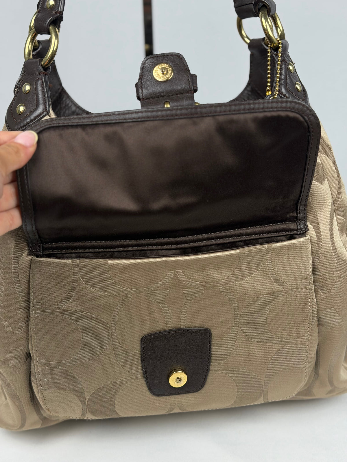 Coach F24742 Soho Beige Monogram Shoulder Bag Brown Leather Trim