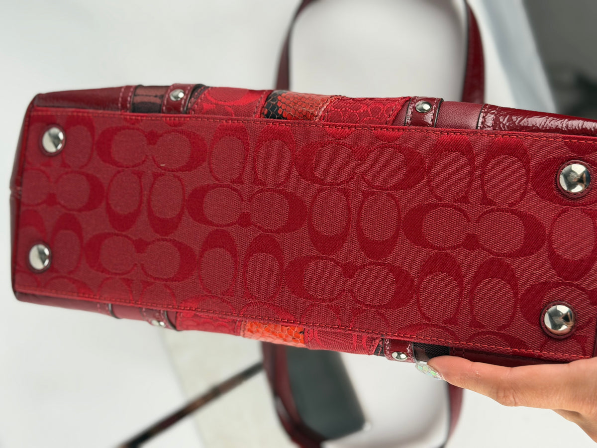 Rare Coach F14007 Red Patchwork Canvas Suede Leather Shoulder Bag