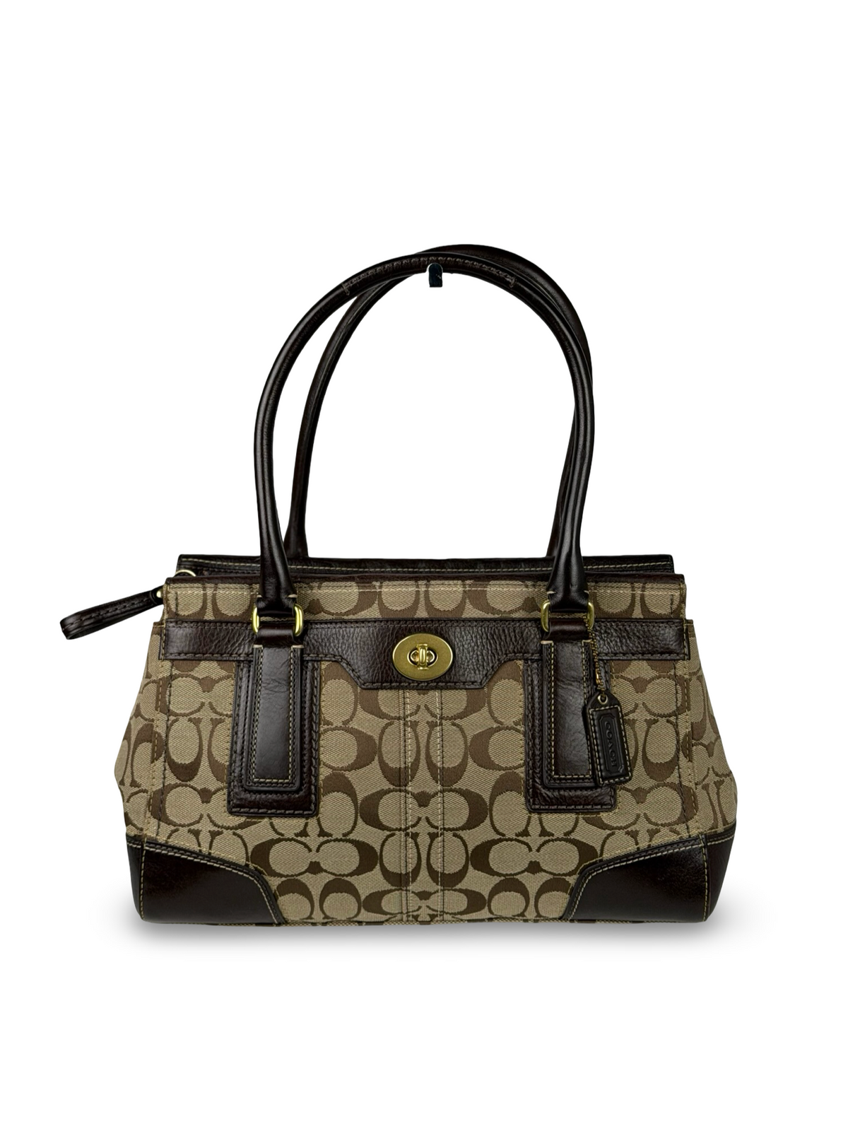 Coach 11062 Hampton Turnlock Signature Brown Monogram Shoulder Bag Leather Trim