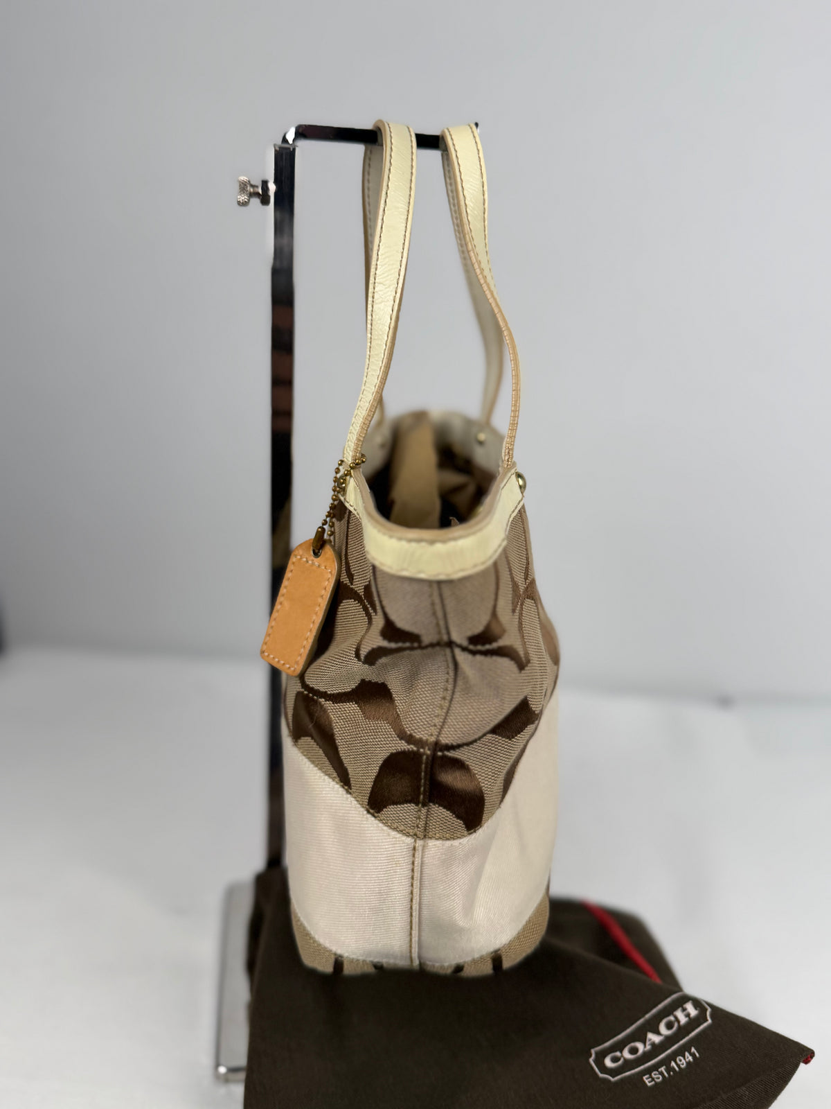 Coach 10123 Signature Brown Small Handbag White Leather Trim