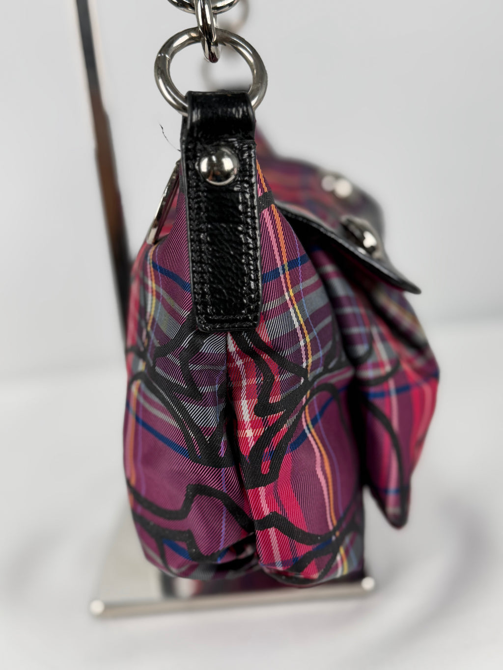 Coach 14366 Poppy Tartan Pink/Purple/Black Shoulder Bag Leather Trim