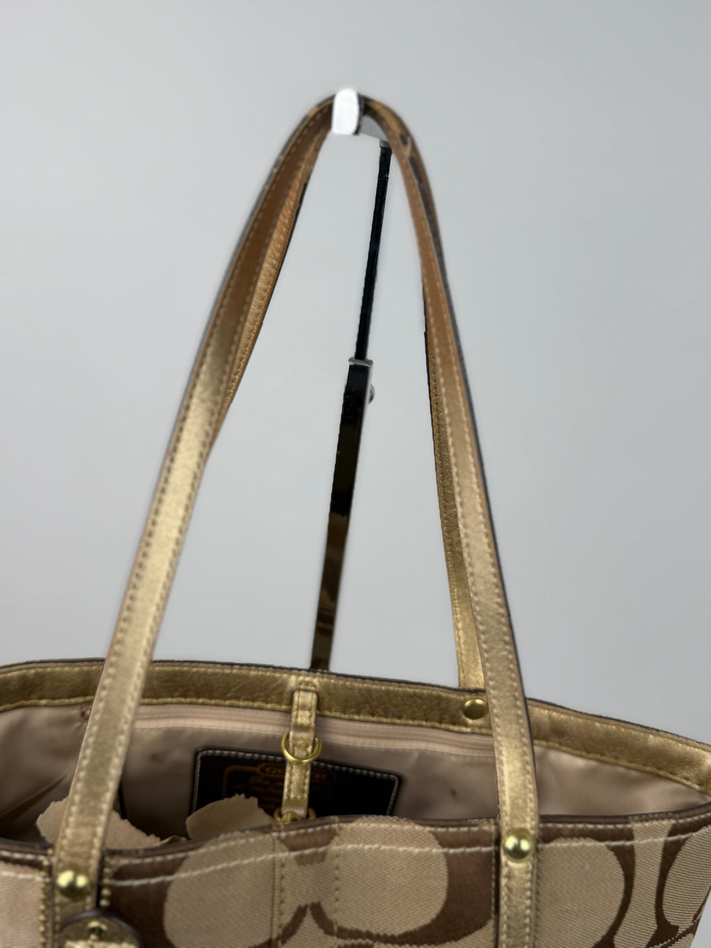 Coach 11098 Signature Brown/Gold Monogram Shoulder Tote Bag Leather Trim