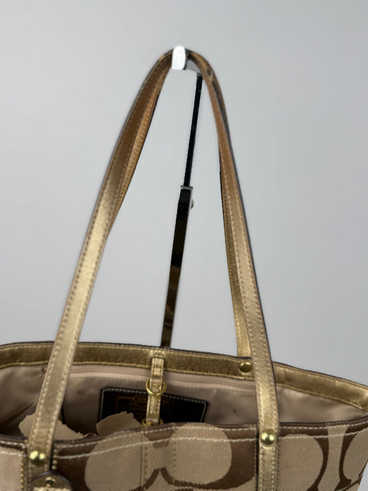 Coach 11098 Signature Brown/Gold Monogram Shoulder Tote Bag Leather Trim