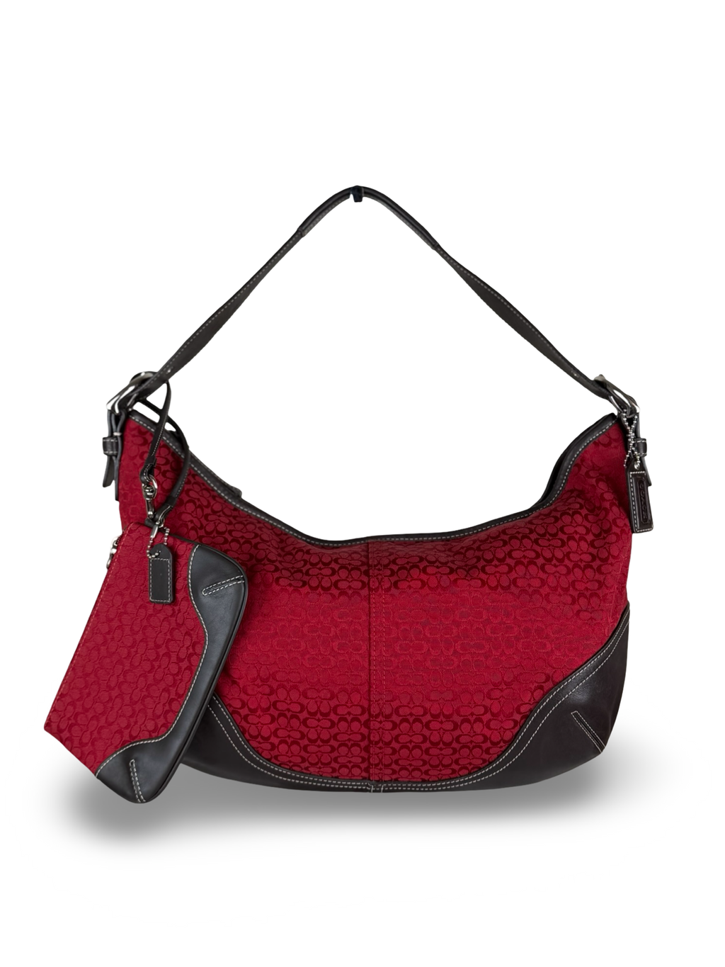 Coach 6385 Rare Hobo Red Signature Monogram Shoulder Bag with matching wristlet Brown Leather Trim