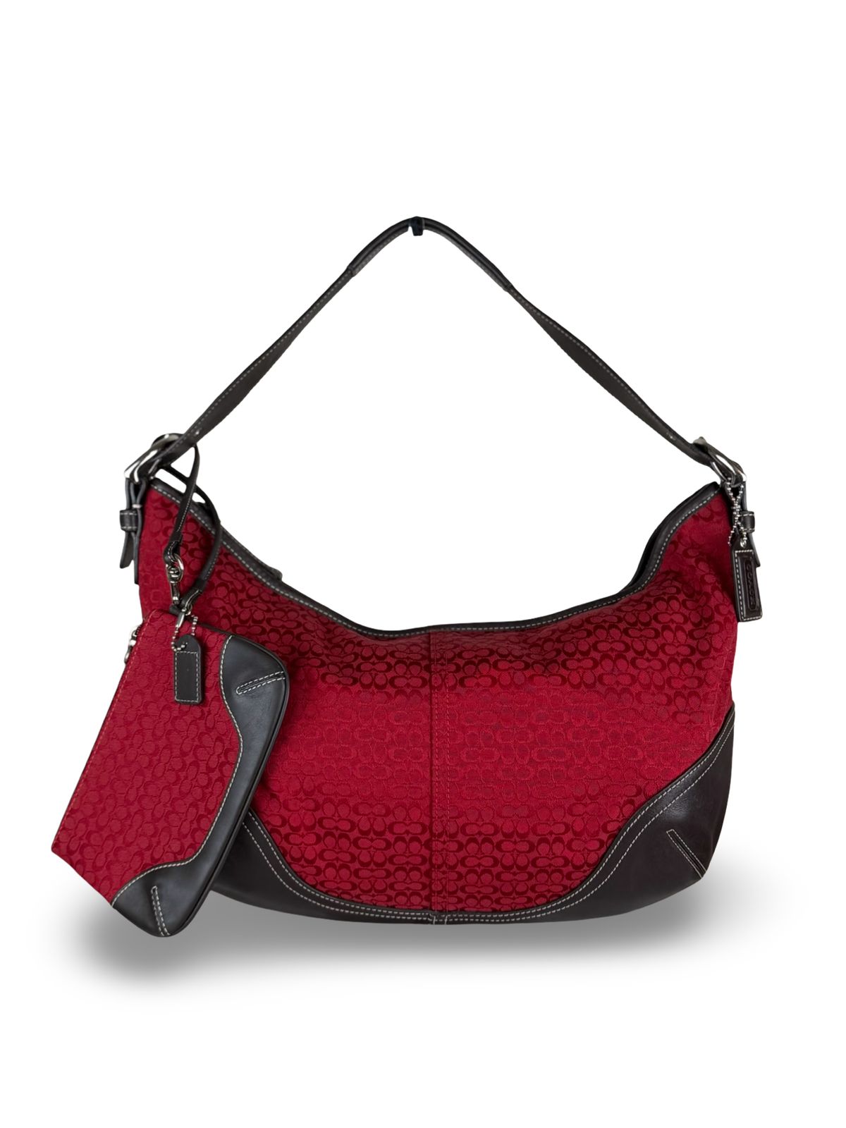 Coach 6385 Rare Hobo Red Signature Monogram Shoulder Bag with matching wristlet Brown Leather Trim