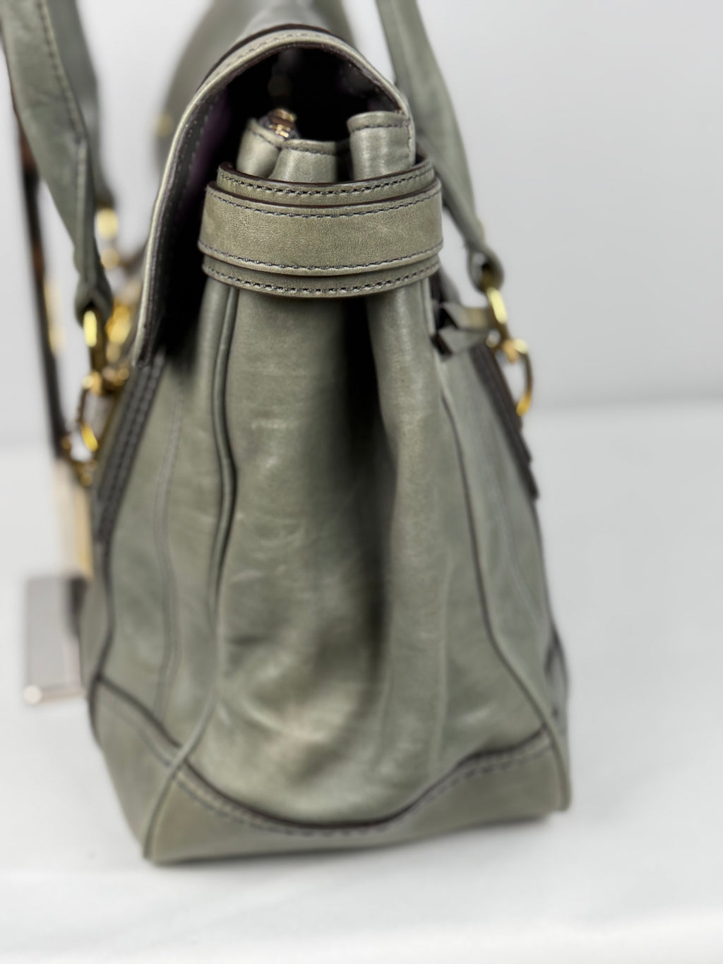 Coach 12442 Rare Hampton Lindsay Turnlock Green/Grey Leather Flap Satchel Shoulder Bag