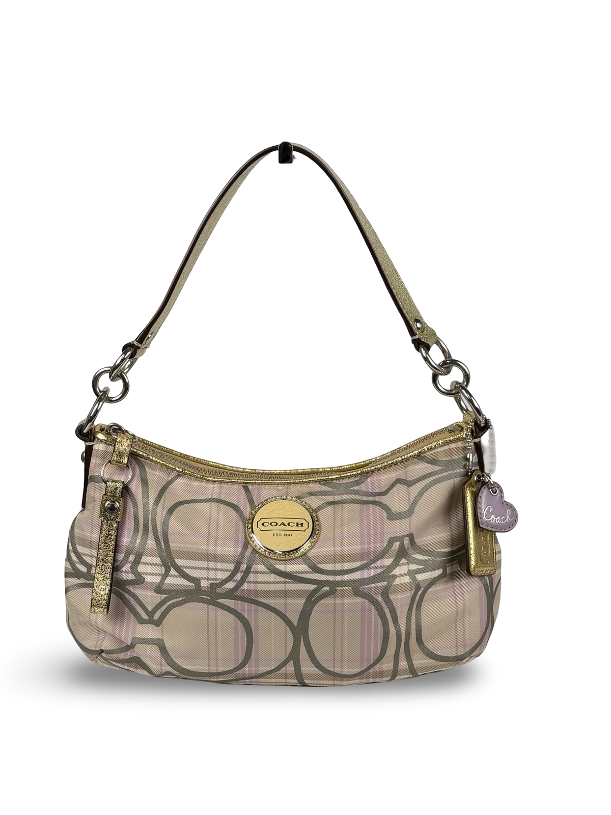 Coach F17210 Signature Purple/Beige Check Pattern Shoulder Bag Gold Leather Trim