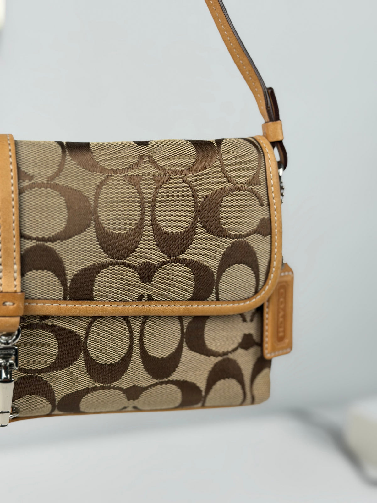 Coach 6348 Demi Clip Signature Brown Monogram Shoulder Bag Tan Leather Trim