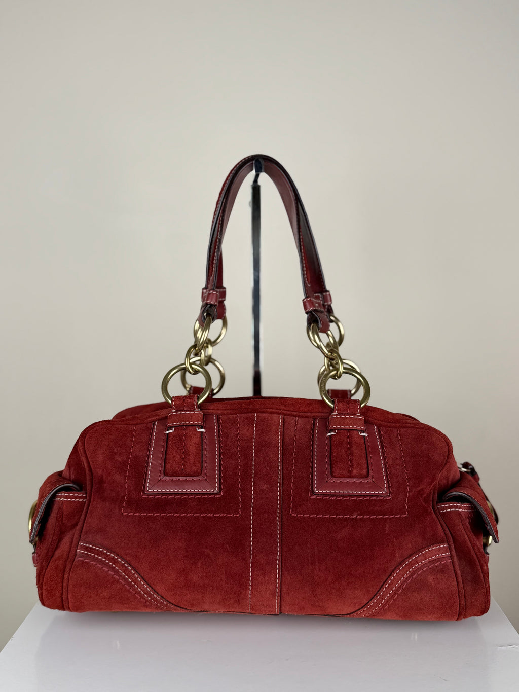 Coach Rare 10061 Mia Soho Red Suede Boston Shoulder Bag Leather Trim