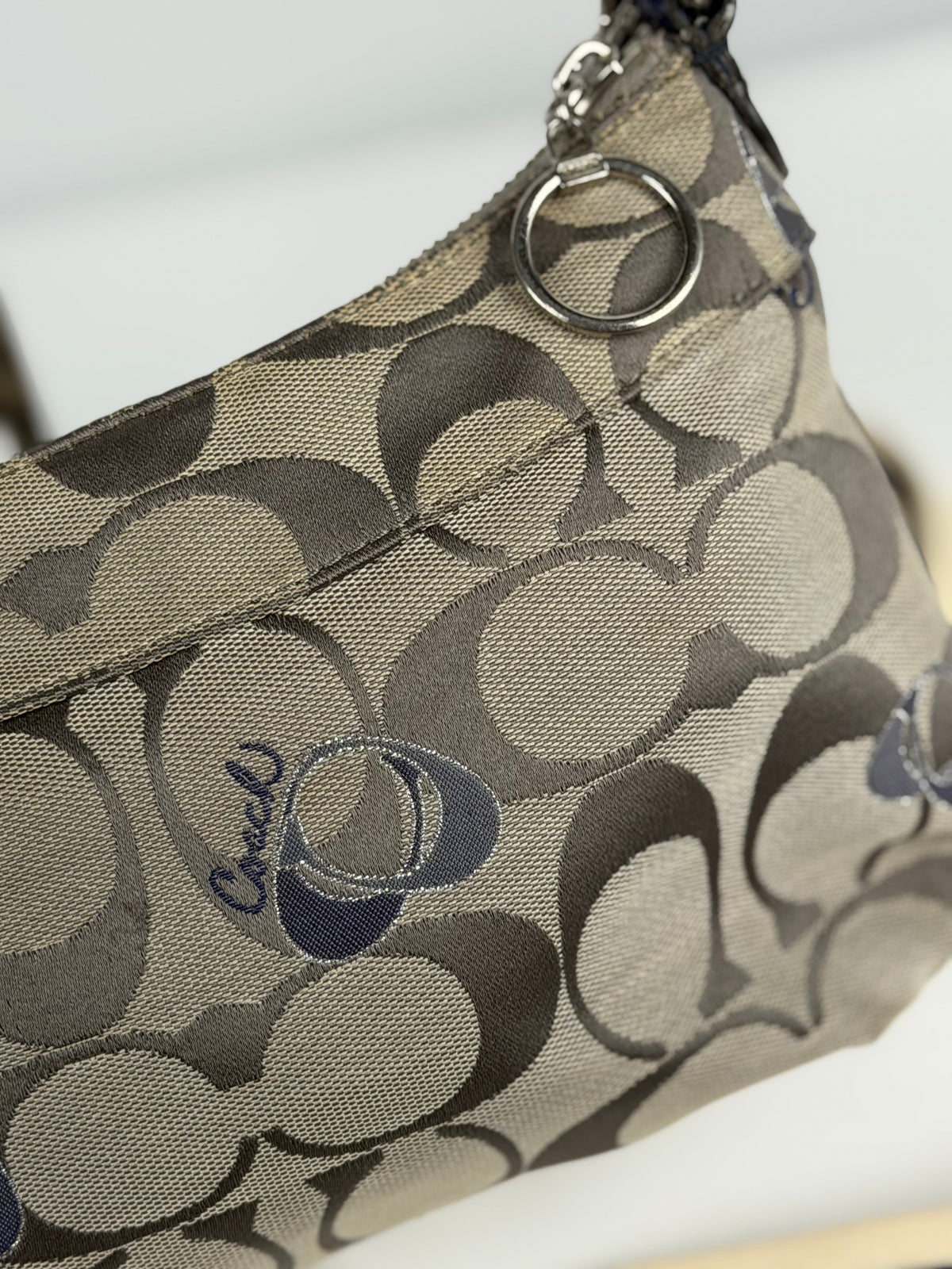 Coach F18756 Poppy Beige Monogram Blue Leather Trim Shoulder Bag